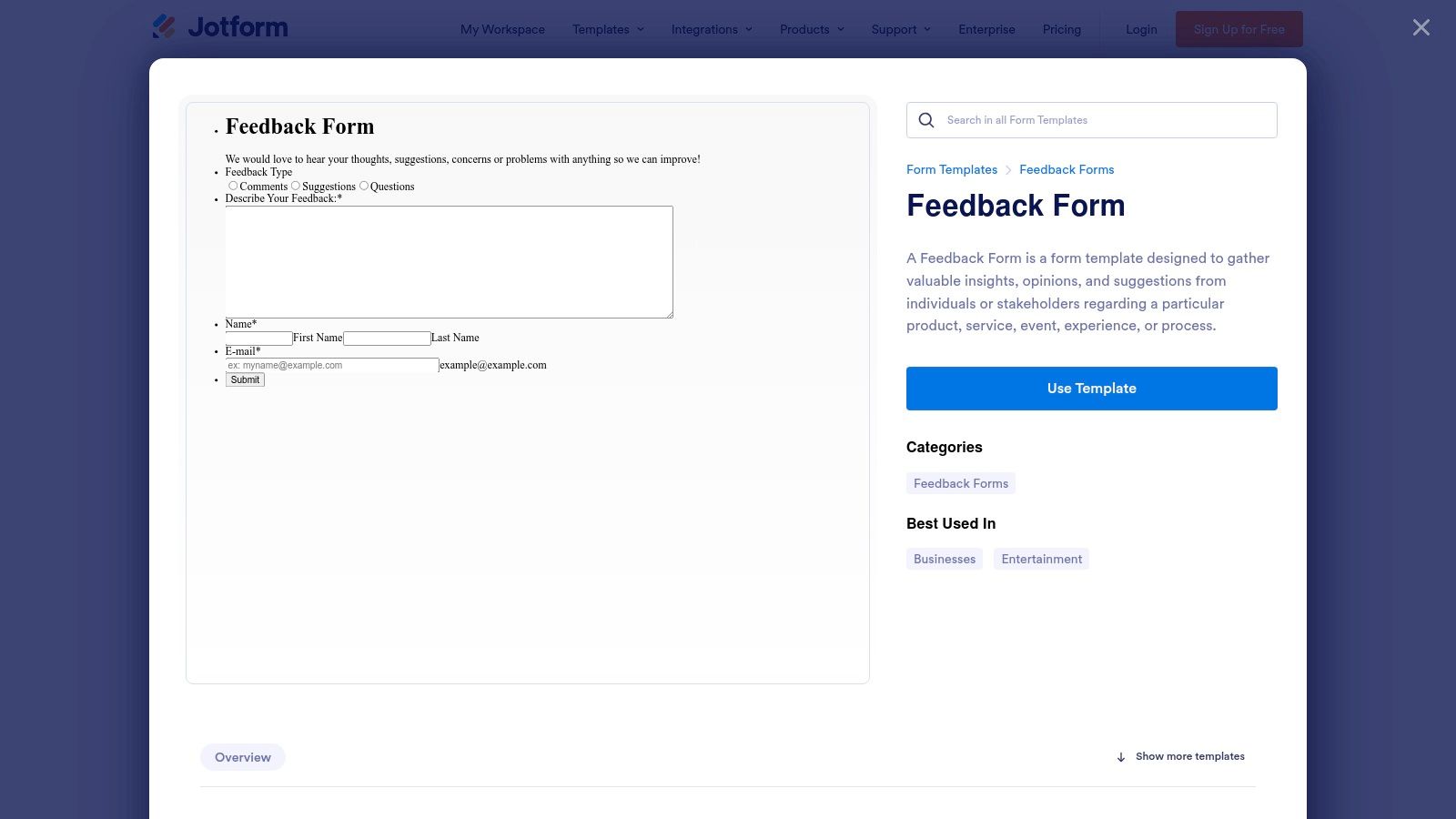 A screenshot of the Jotform template library, showing a variety of feedback form examples.