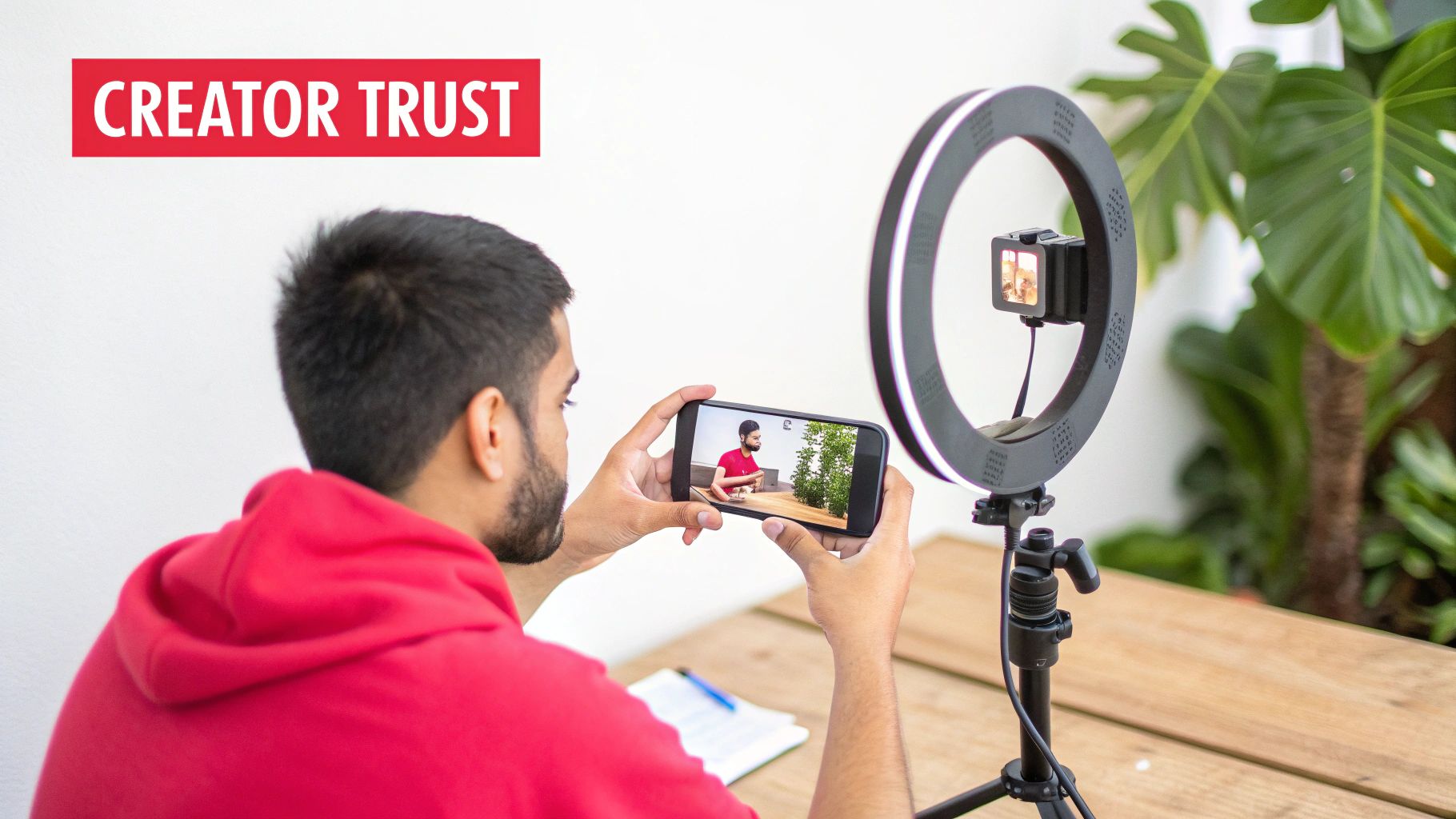 A person in a red hoodie monitors a live stream on a smartphone, showing a creator filming with a ring light and camera.