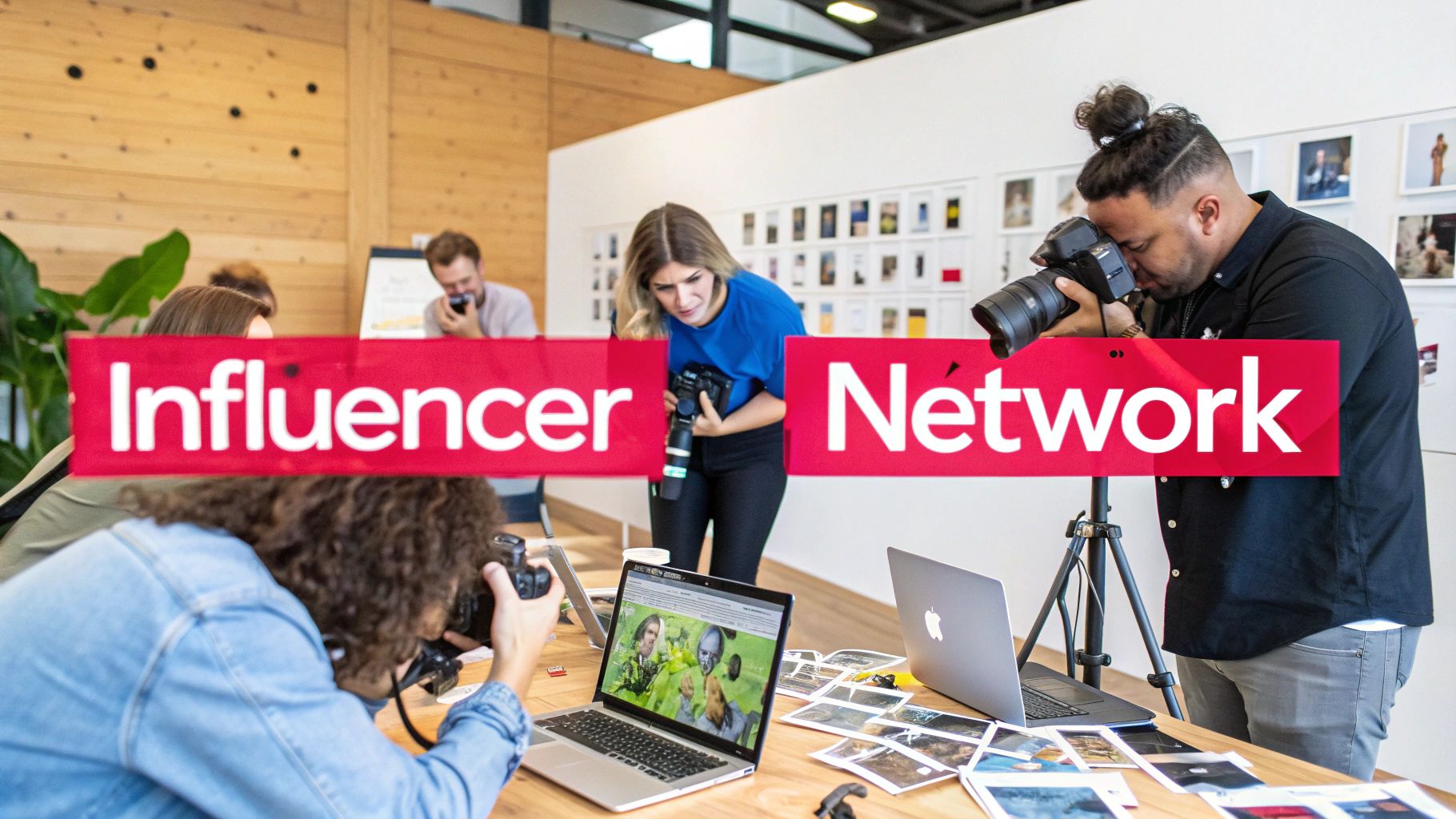 Diverse group of photographers and content creators at an 'Influencer Network' event, using cameras and laptops.