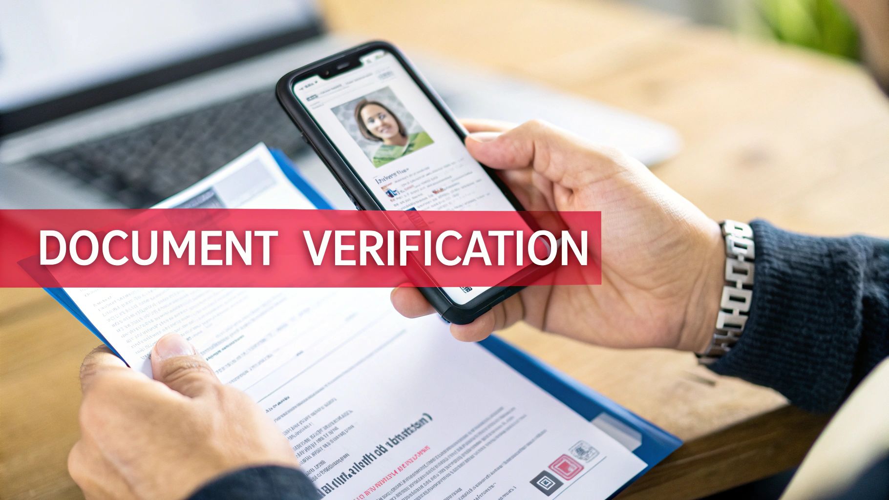 A person uses a smartphone for document verification, holding physical papers for comparison.