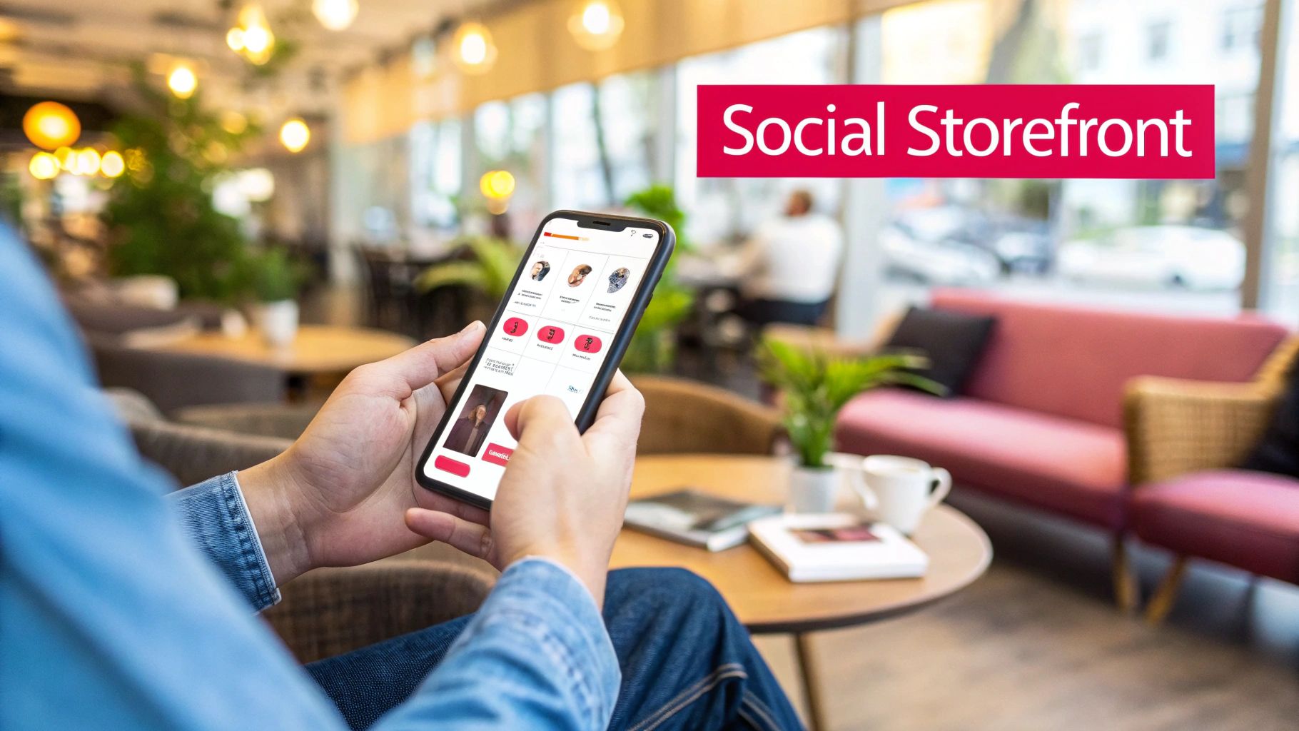 Person holding a smartphone displaying a social storefront app in a blurred modern office.