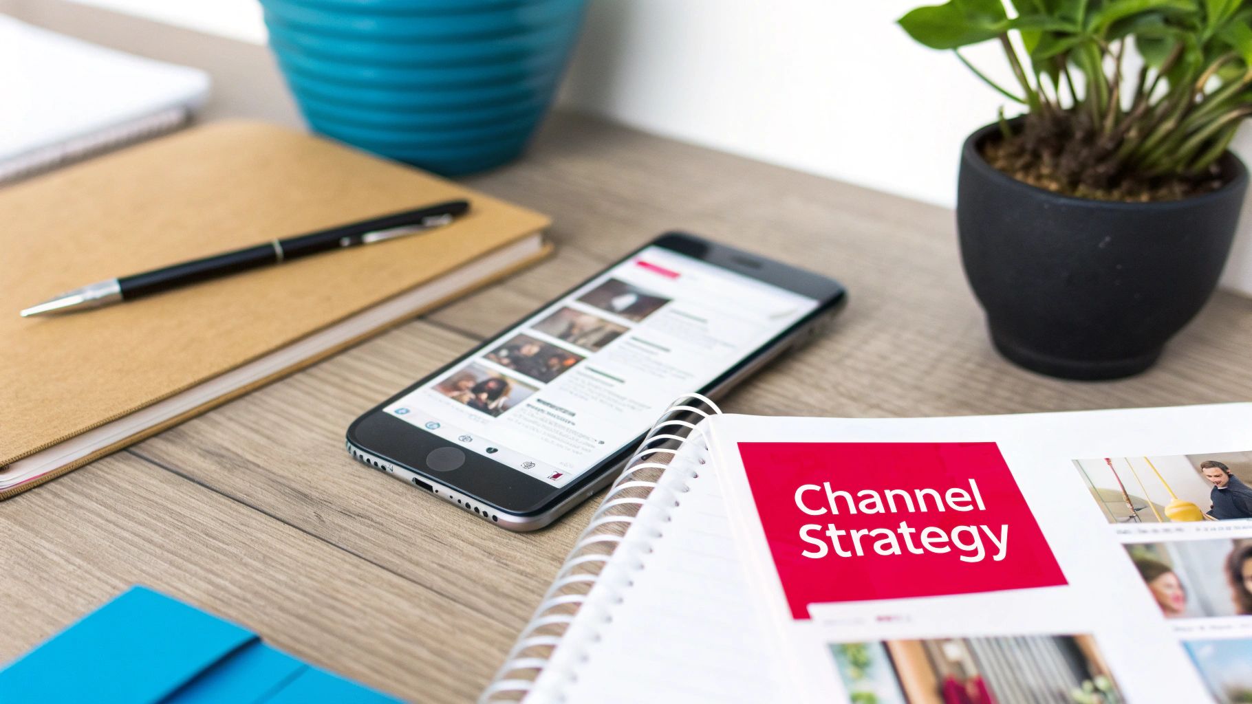 A desk setup featuring a phone displaying social media, a notebook, pen, and a magazine titled 'Channel Strategy'.