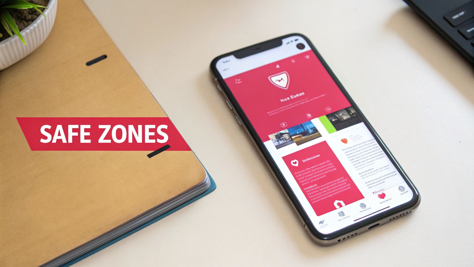 A smartphone displaying a red app interface, a brown notebook with a 'SAFE ZONES' banner, and a plant on a desk.