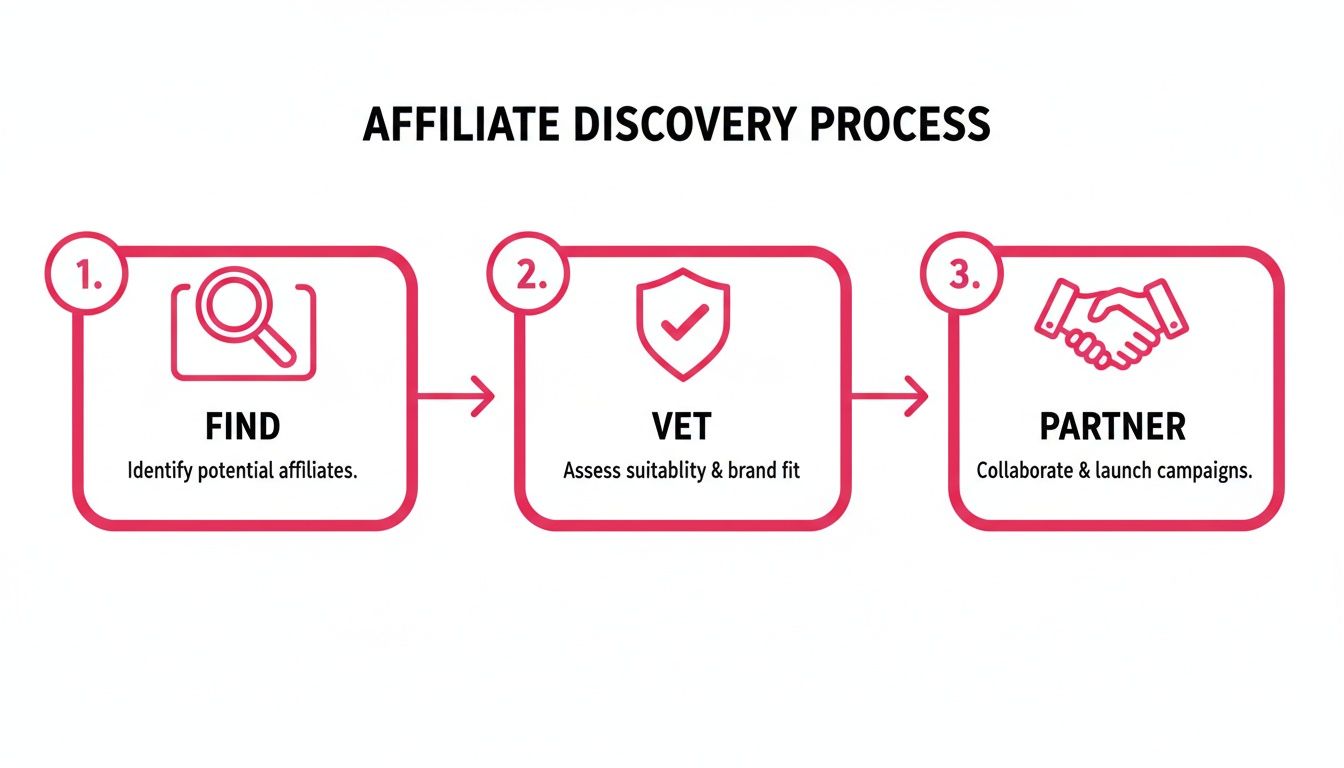 An infographic illustrating the three-step affiliate discovery process: find, vet, and partner.