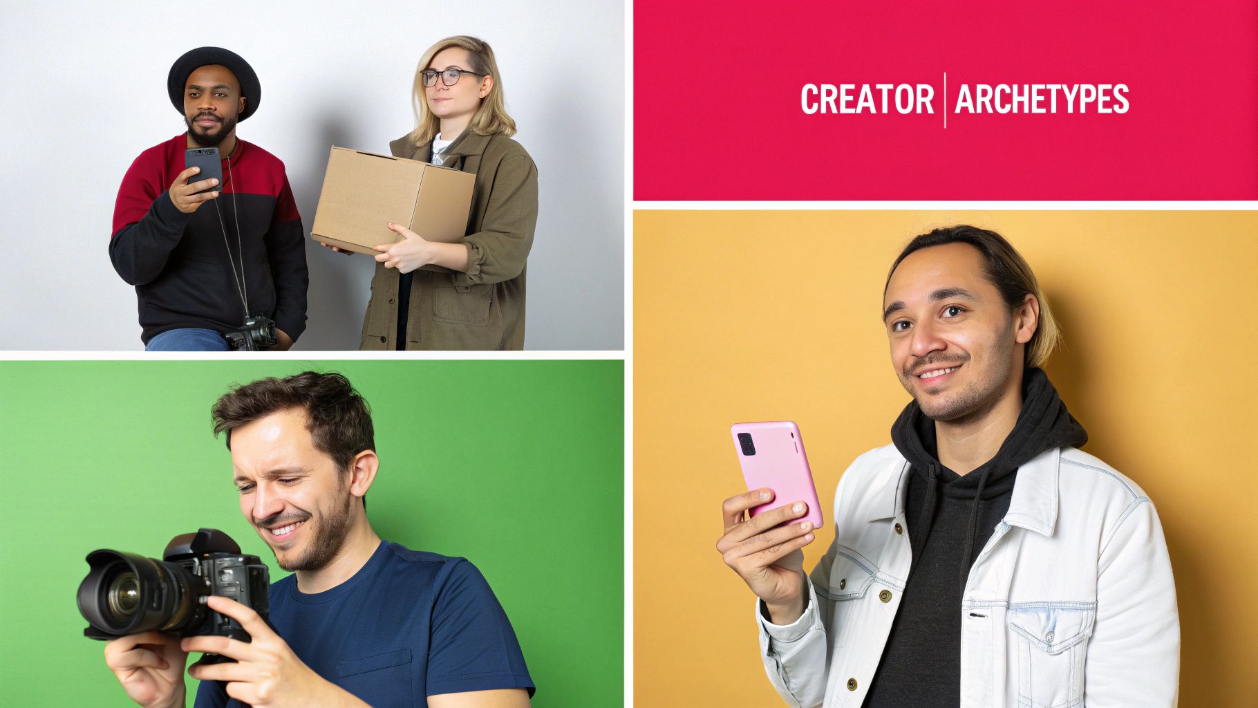 A collage showing diverse creators: one looking at a phone, another holding a box, and two others using cameras and smartphones. A red banner reads 'CREATOR | ARCHETYPES'.