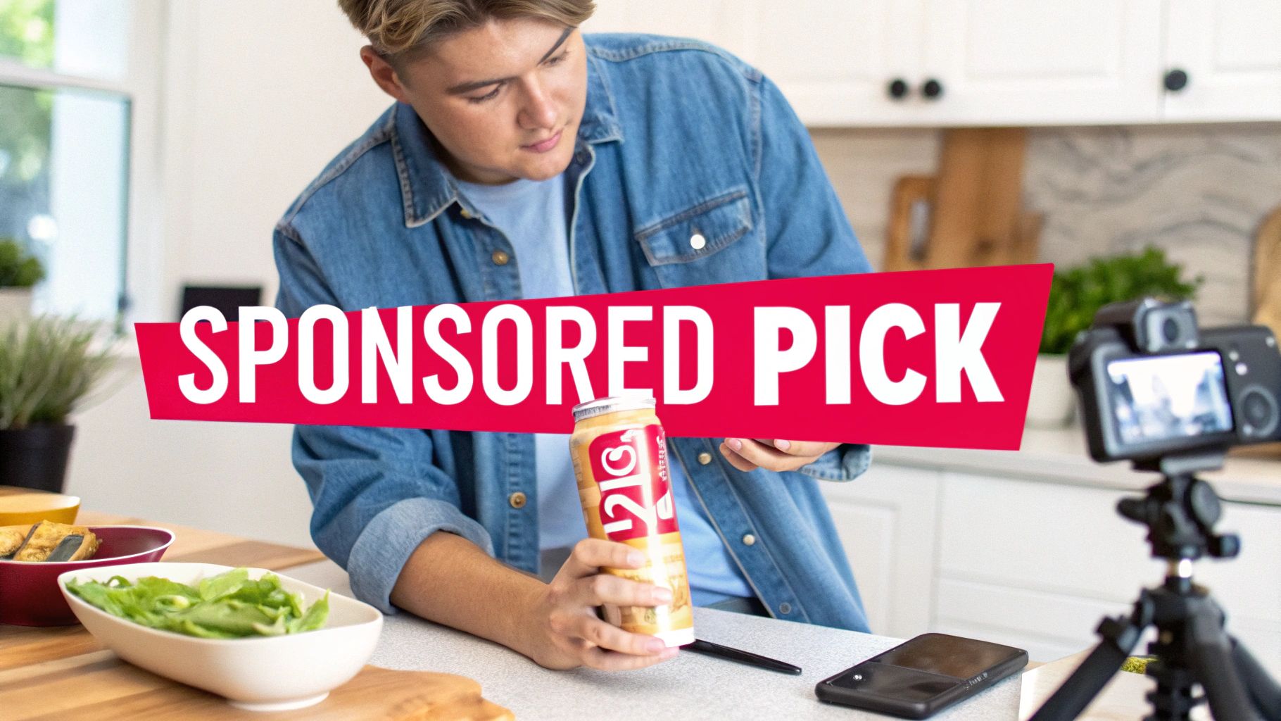 A young influencer films a video in a kitchen, holding a sponsored beverage can for his audience.