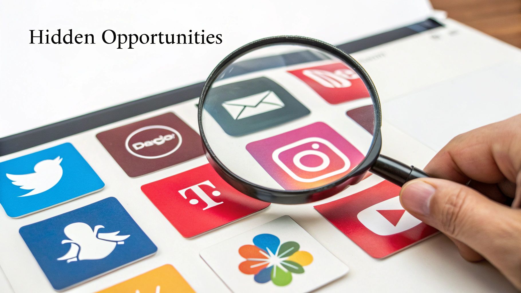 A magnifying glass hovering over digital profiles, symbolizing competitor audience analysis