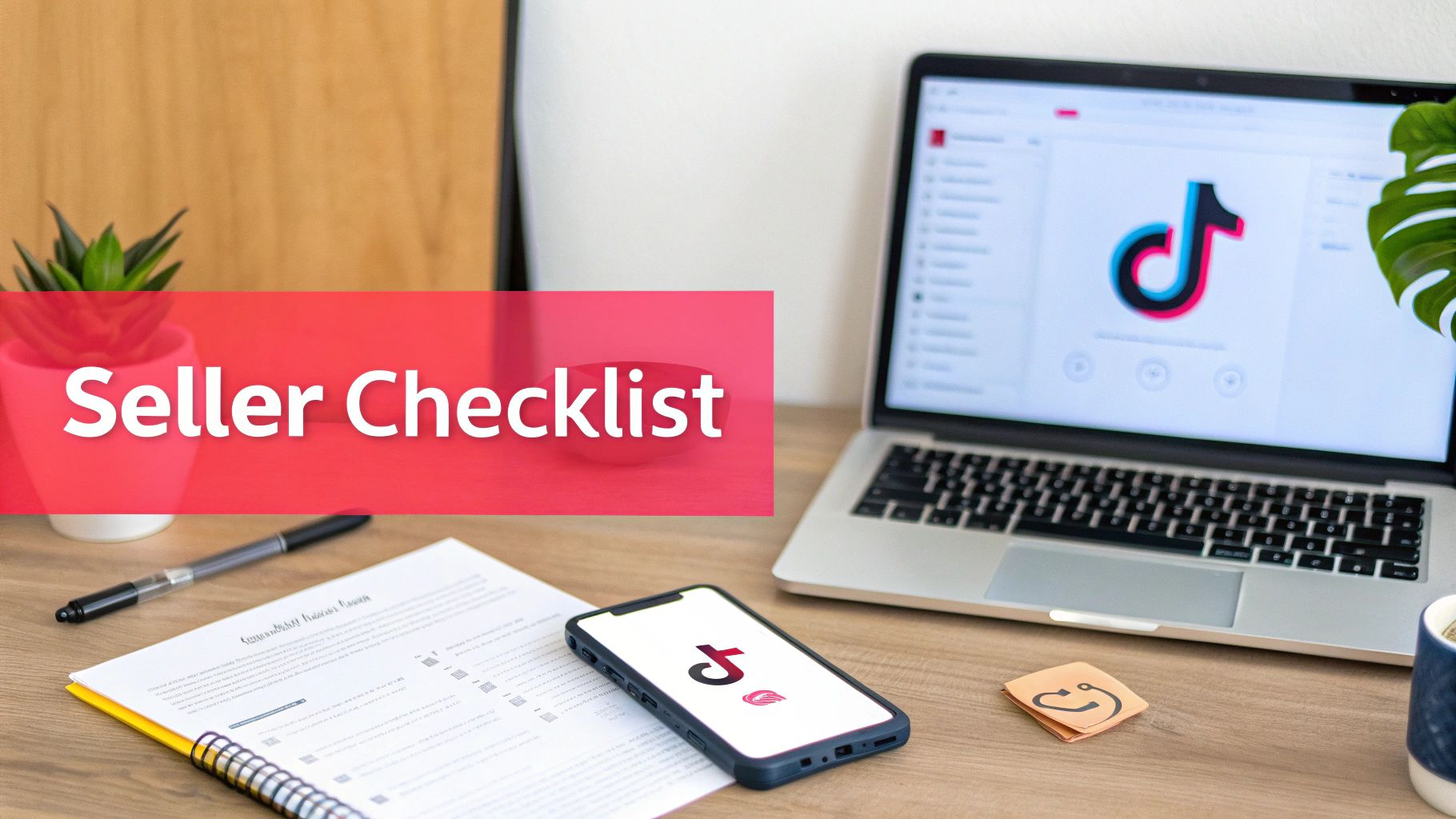 A desk with a laptop and smartphone displaying TikTok logos, documents, and a prominent 'Seller Checklist' banner.