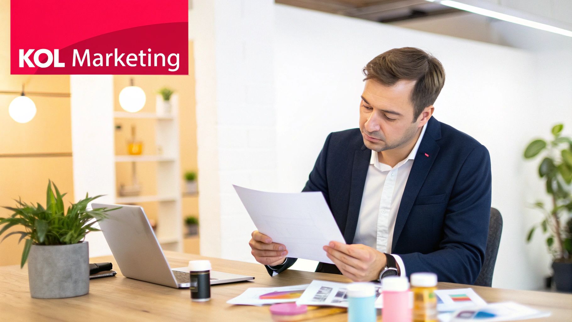 A professional man reviews documents at a desk in an office, with a 'KOL Marketing' banner visible.