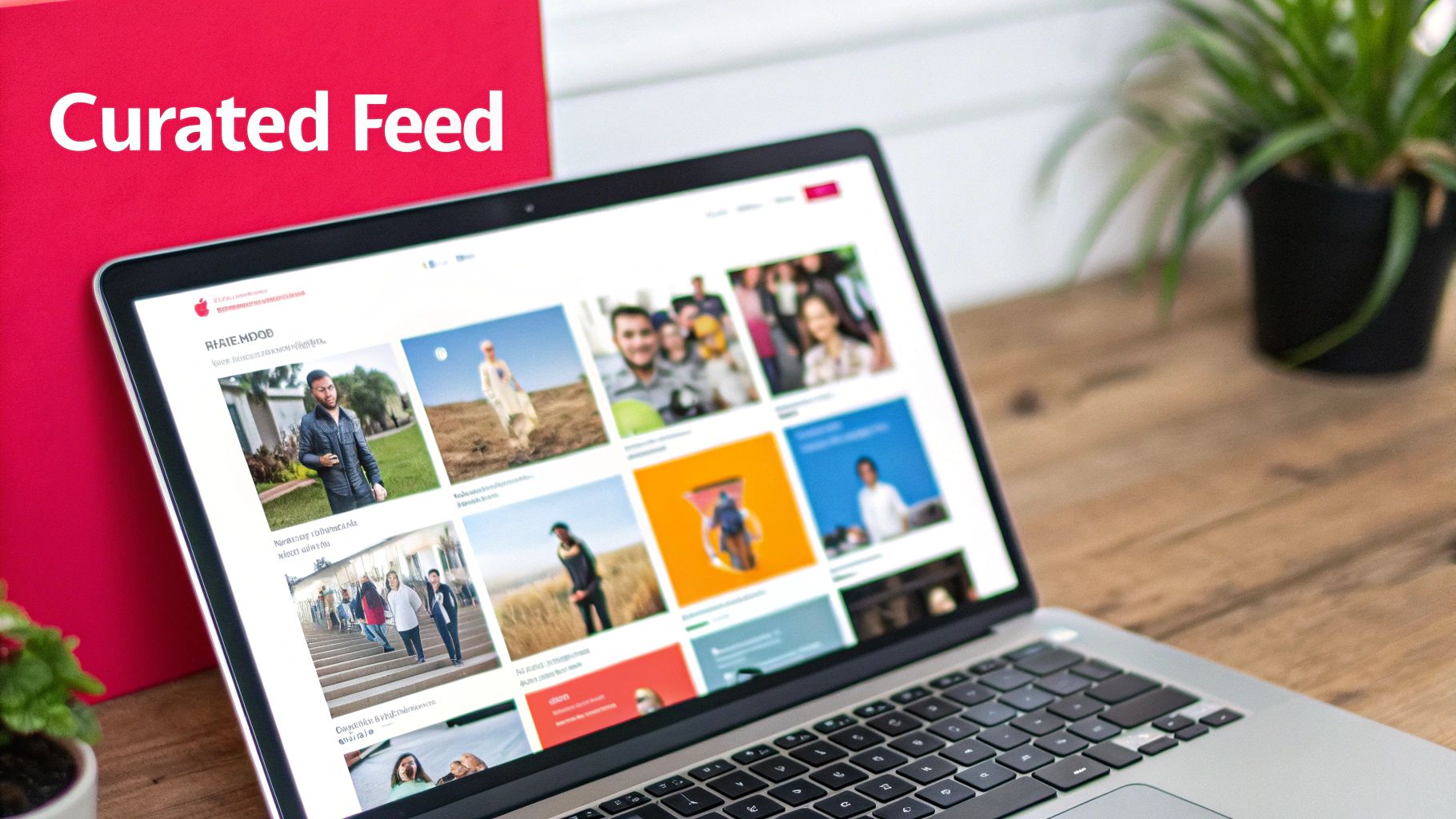 Close-up of a laptop showing a curated social media feed with diverse images, beside a red book.