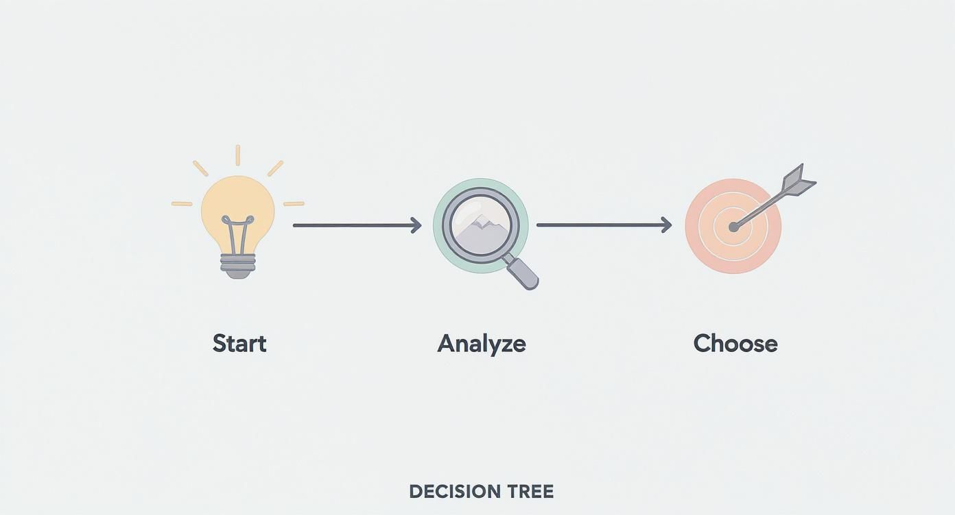 Three-step decision tree process showing lightbulb idea, magnifying glass analysis, and target goal selection