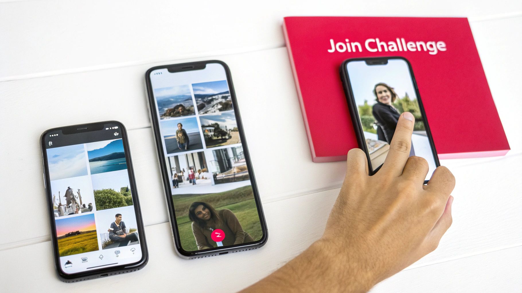 A hand interacts with a smartphone showing a smiling woman, next to two other phones and a red 'Join Challenge' book.