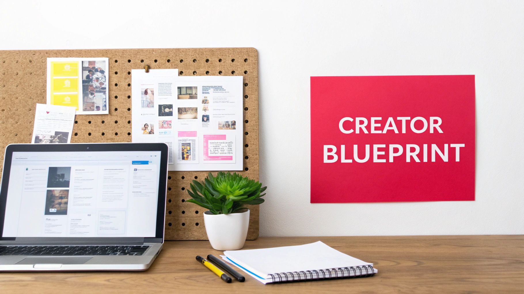 A person at a desk strategically planning a content creator campaign on a laptop, with sticky notes and charts in the background.