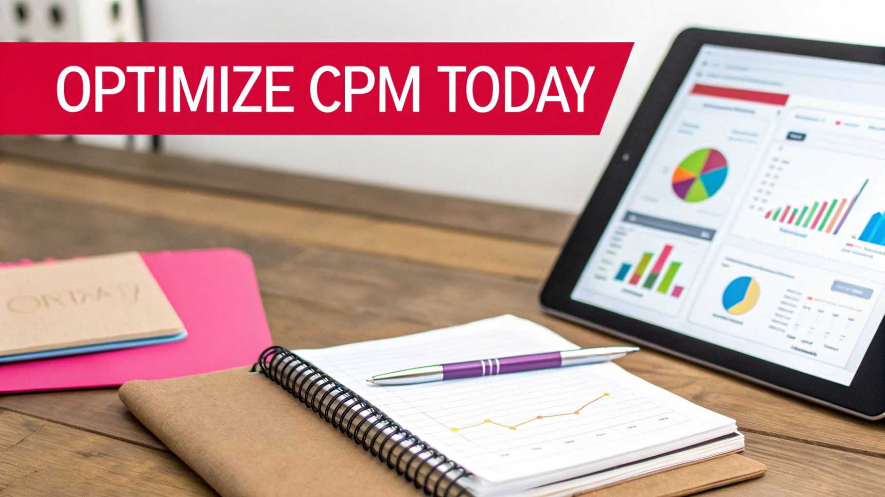 A digital artist works on a tablet, refining ad creative with charts and graphs in the background, symbolizing optimization.