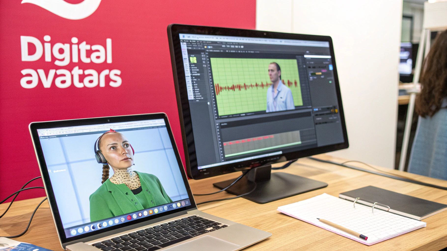 Two screens display digital avatars: one on a laptop, another on a desktop monitor, showing audio waveforms and a man, promoting 'Digital avatars' technology.