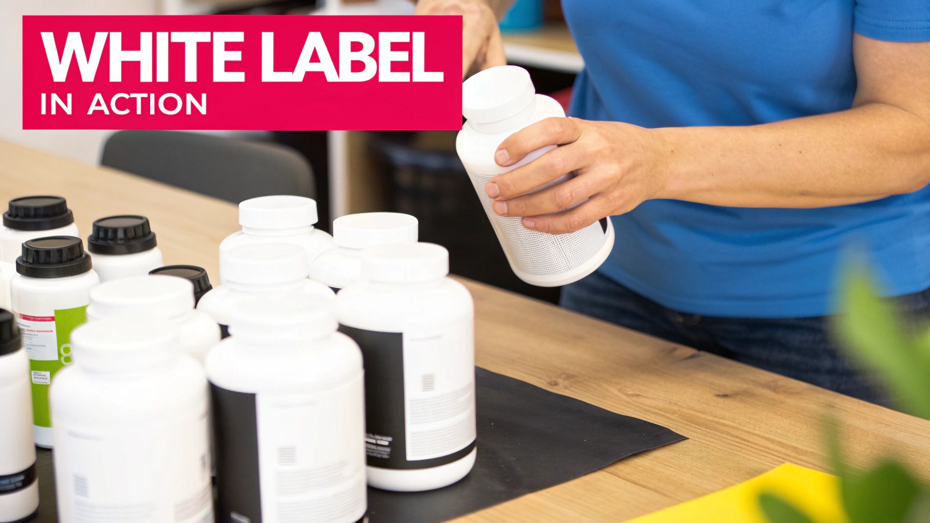 White label products in action, showing a person handling a plain white bottle on a wooden table.