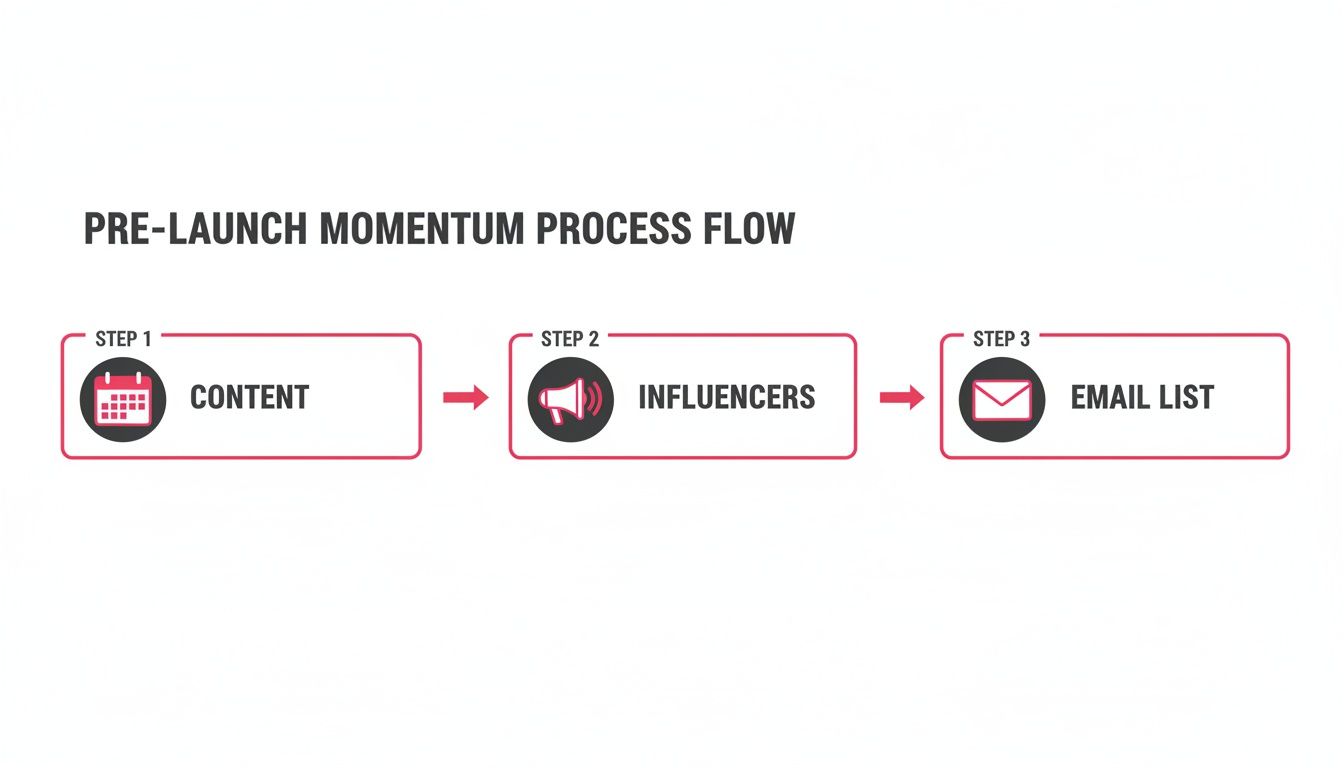 A pre-launch momentum process flow diagram showing steps: Content, Influencers, and Email List.