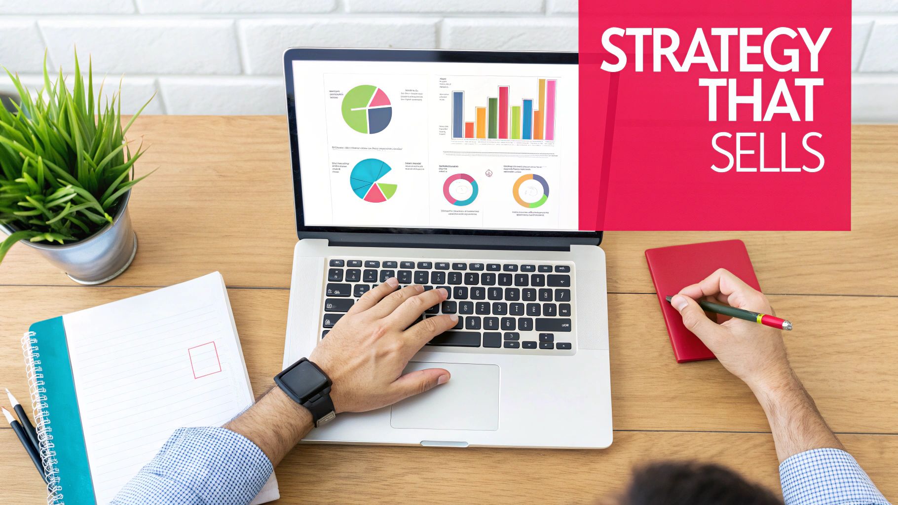 A person works on a laptop displaying sales strategy charts, next to a plant and notebooks.
