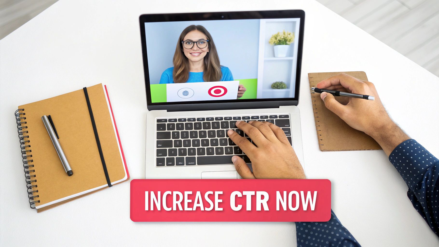 A person works on a laptop showing a video call with a woman, surrounded by notebooks and pens on a white desk.