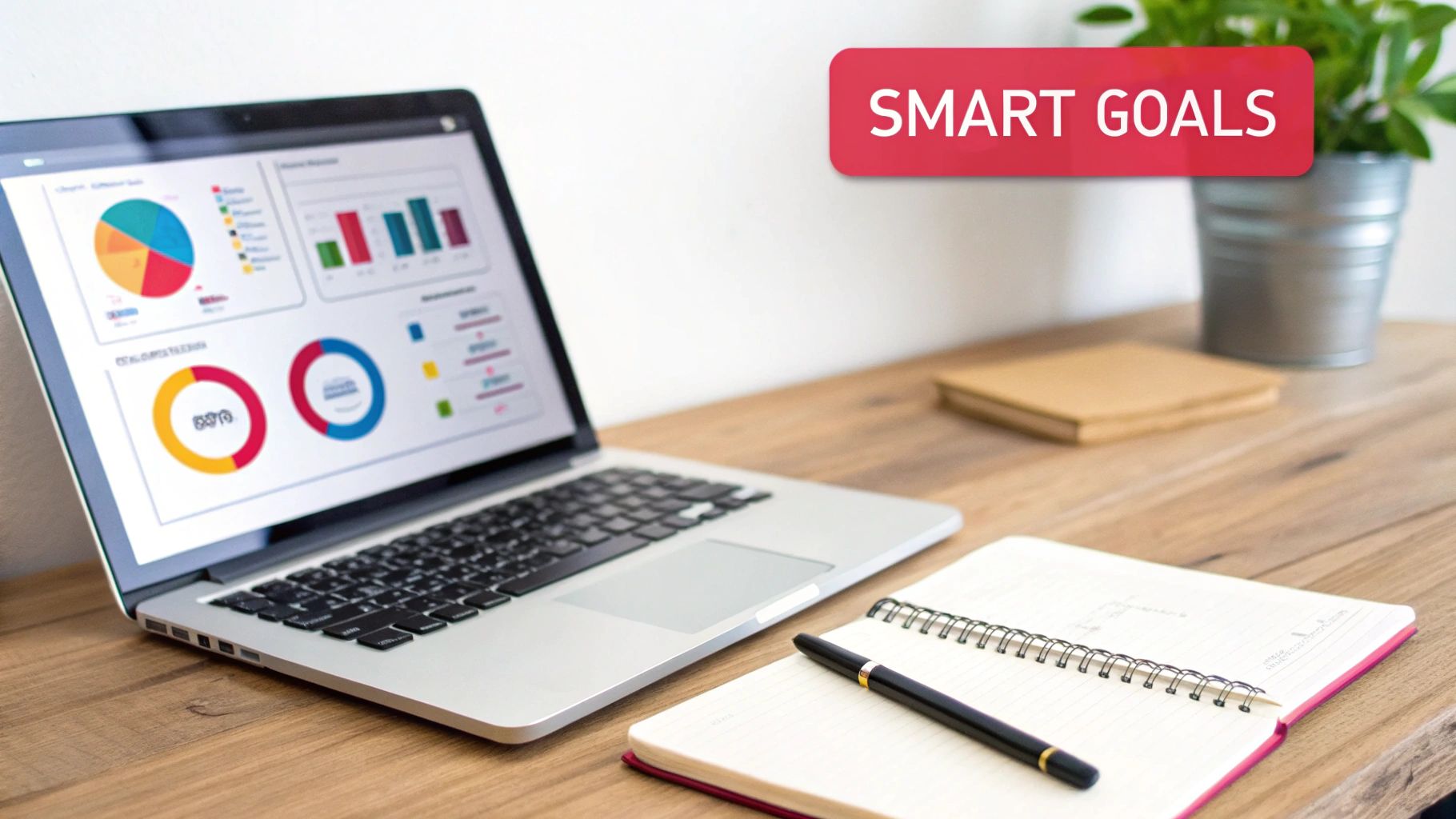 Workspace with a laptop displaying business analytics, a notebook, pen, and a SMART Goals sign.