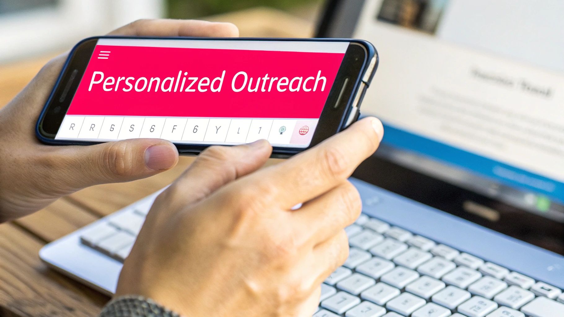 A person typing on a laptop, crafting an email to an influencer.