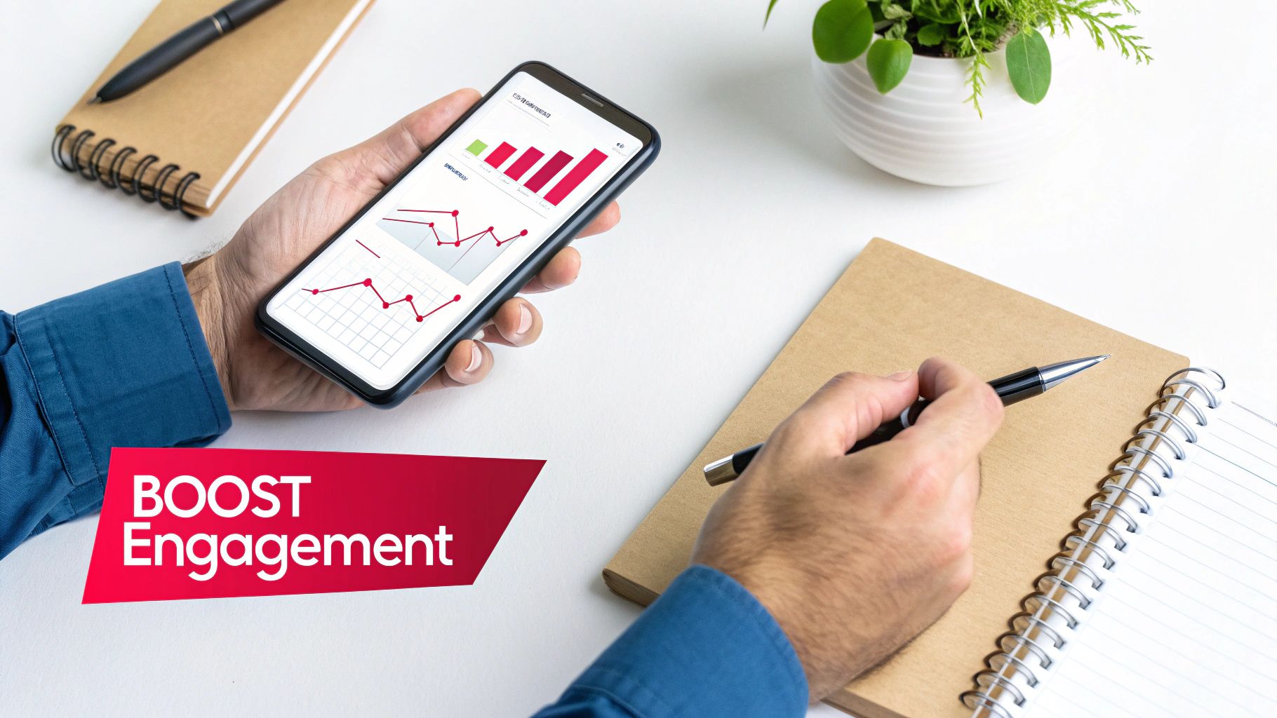 A person holding a phone showing Instagram with engagement icons like hearts and comments floating around it.