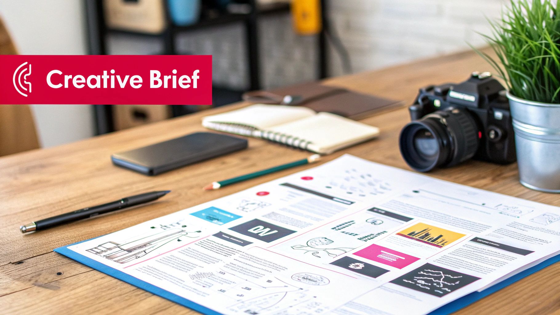 A flat lay of a creative workspace with a 'Creative Brief' document, camera, phone, and stationery on a wooden desk.