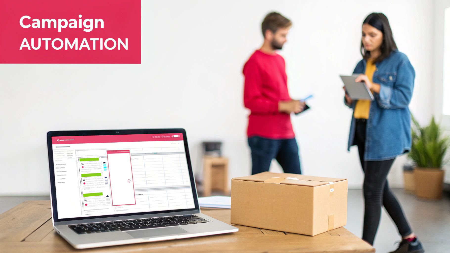 A laptop displays campaign automation software on a wooden desk, with people working in the background.