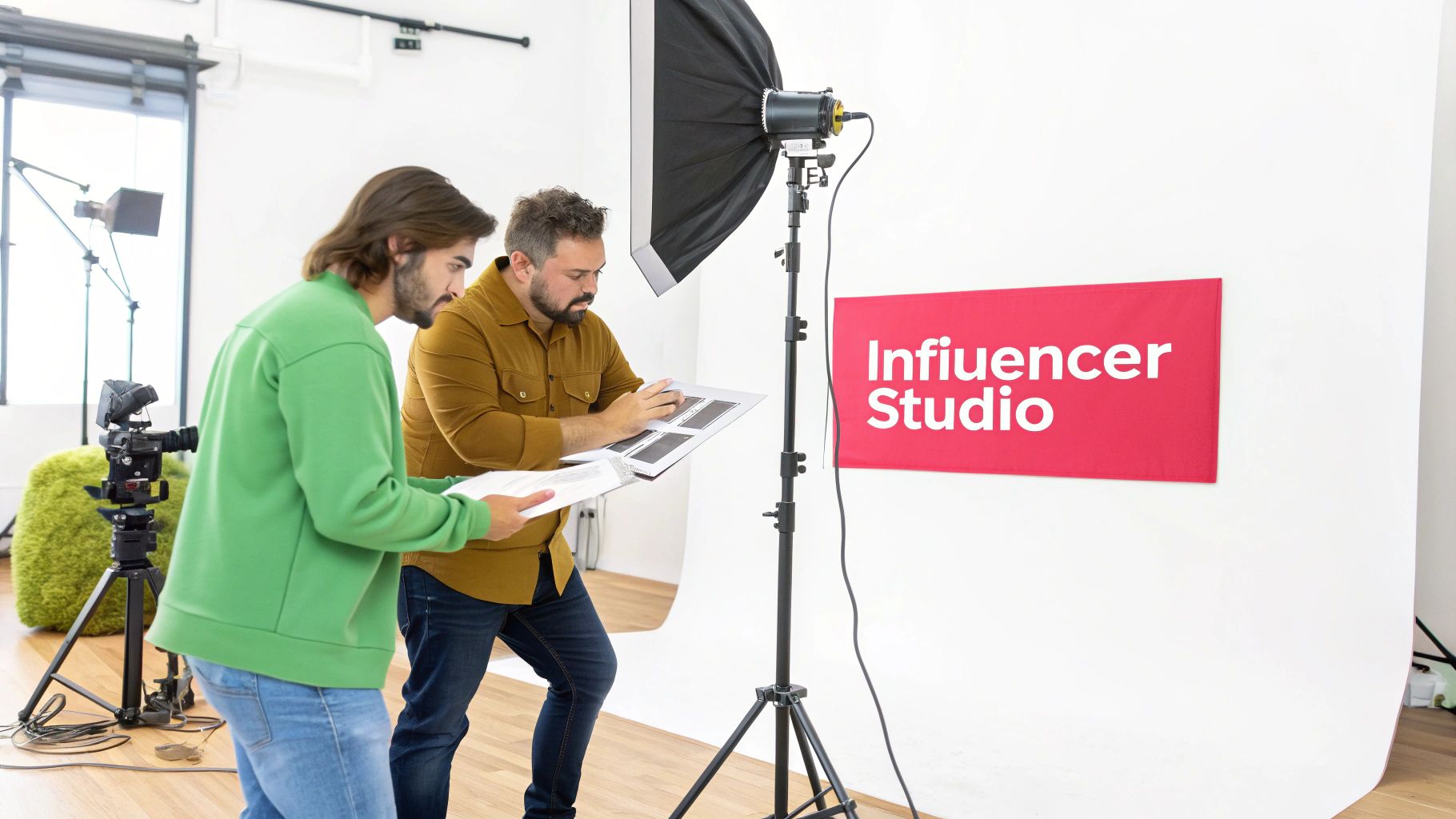 Two men in an influencer studio review content with camera equipment and lighting.