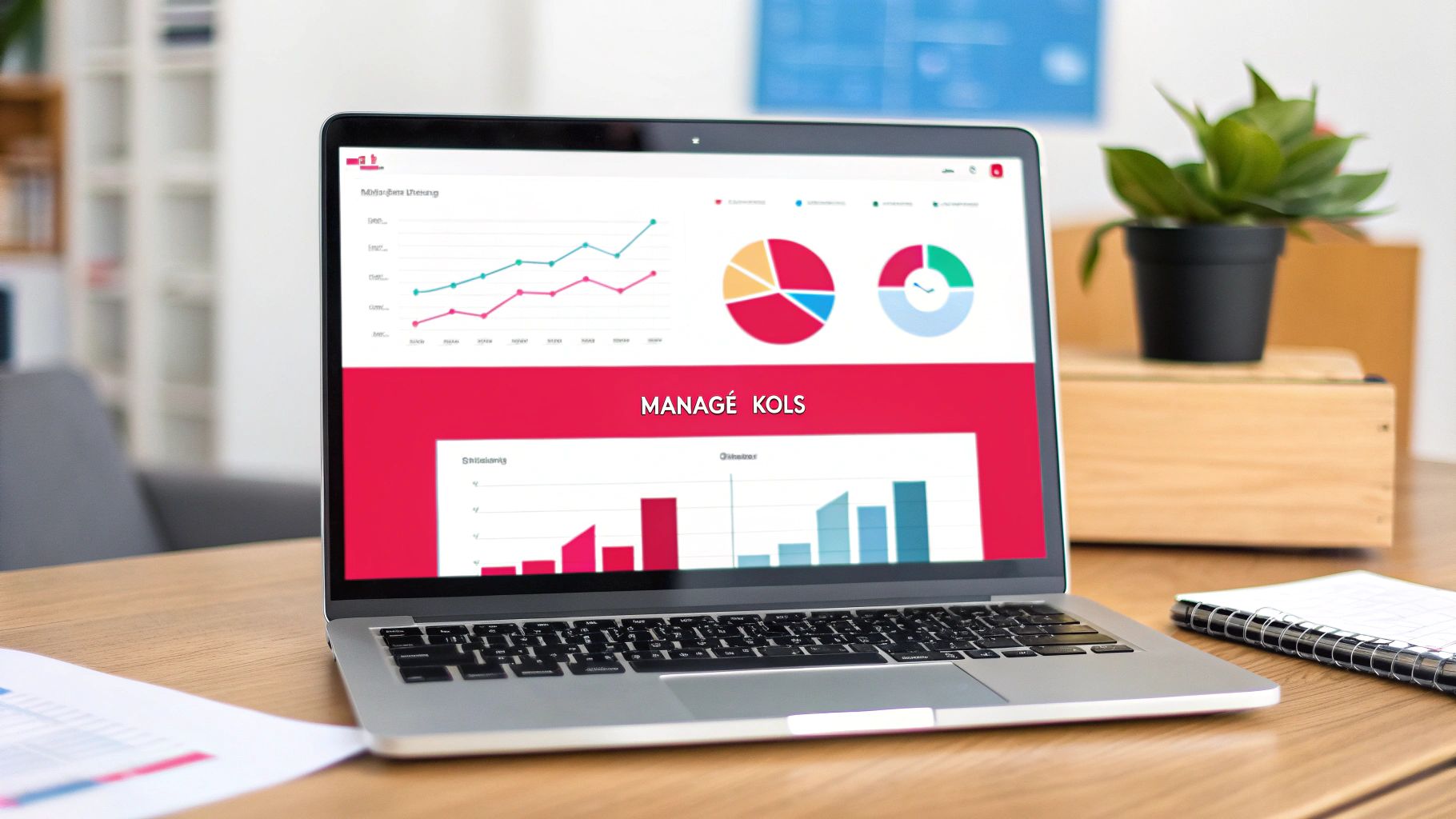 A laptop displaying a marketing dashboard with various charts and 'MANAGÉ KOLS' on a wooden desk.