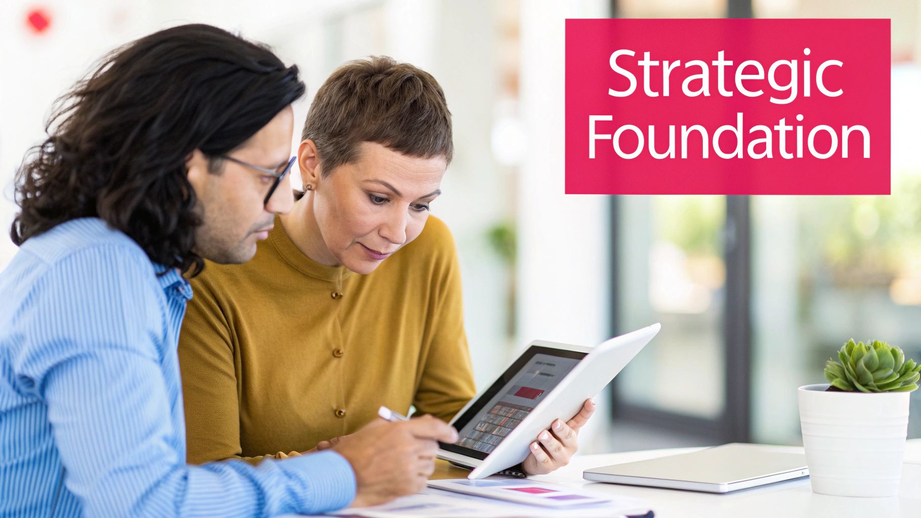 Two business professionals collaborate, reviewing a tablet and documents in an office, with 'Strategic Foundation' text.