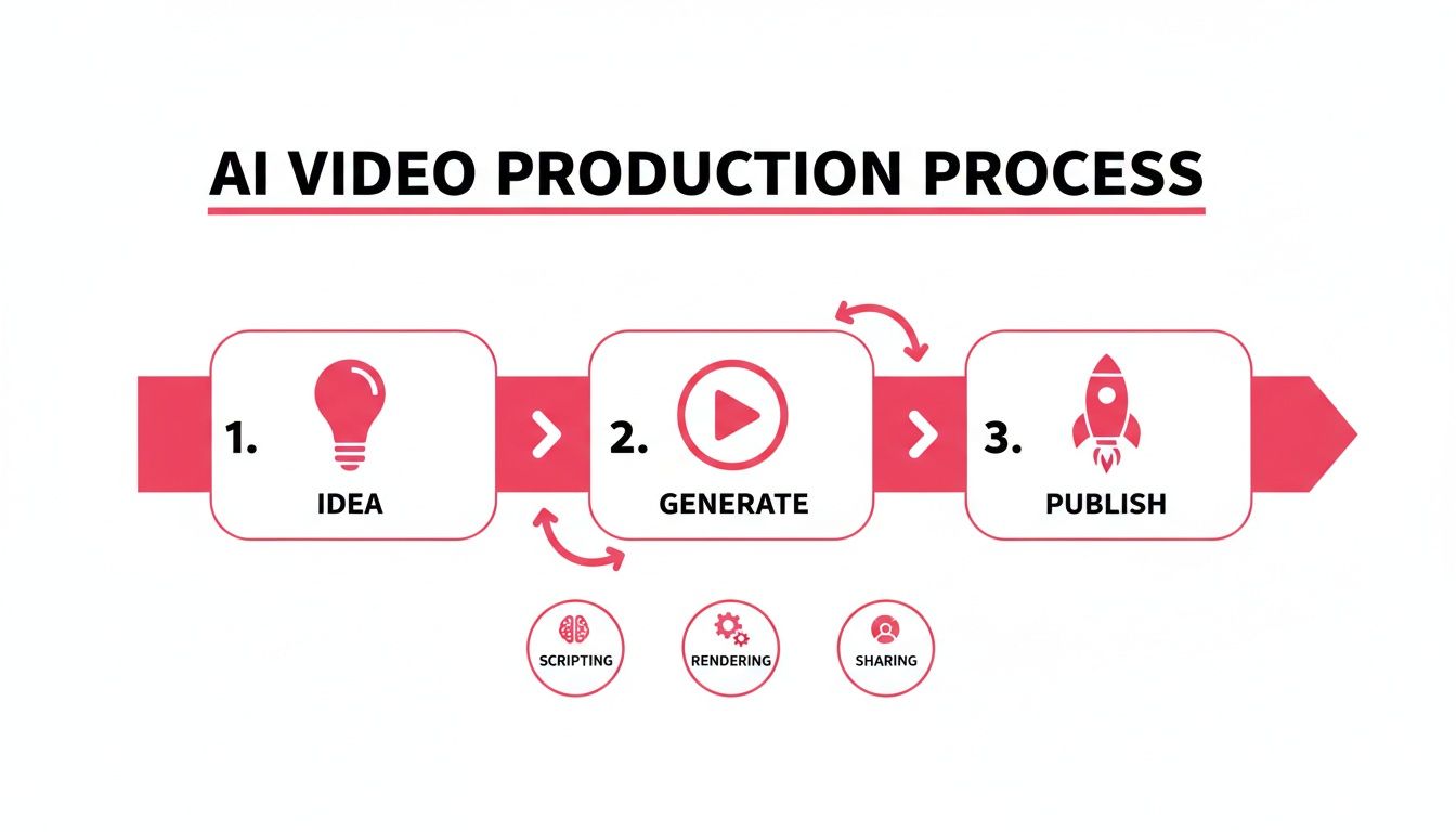 Flowchart illustrating the AI video production process with steps: Idea, Generate (Scripting, Rendering, Sharing), and Publish.