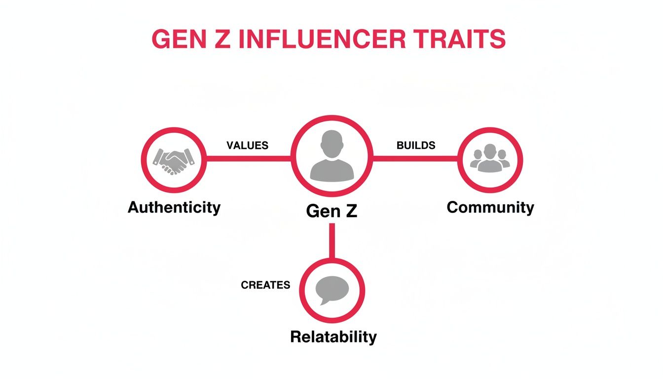 A diagram outlining Gen Z influencer traits: values authenticity, builds community, and creates relatability.
