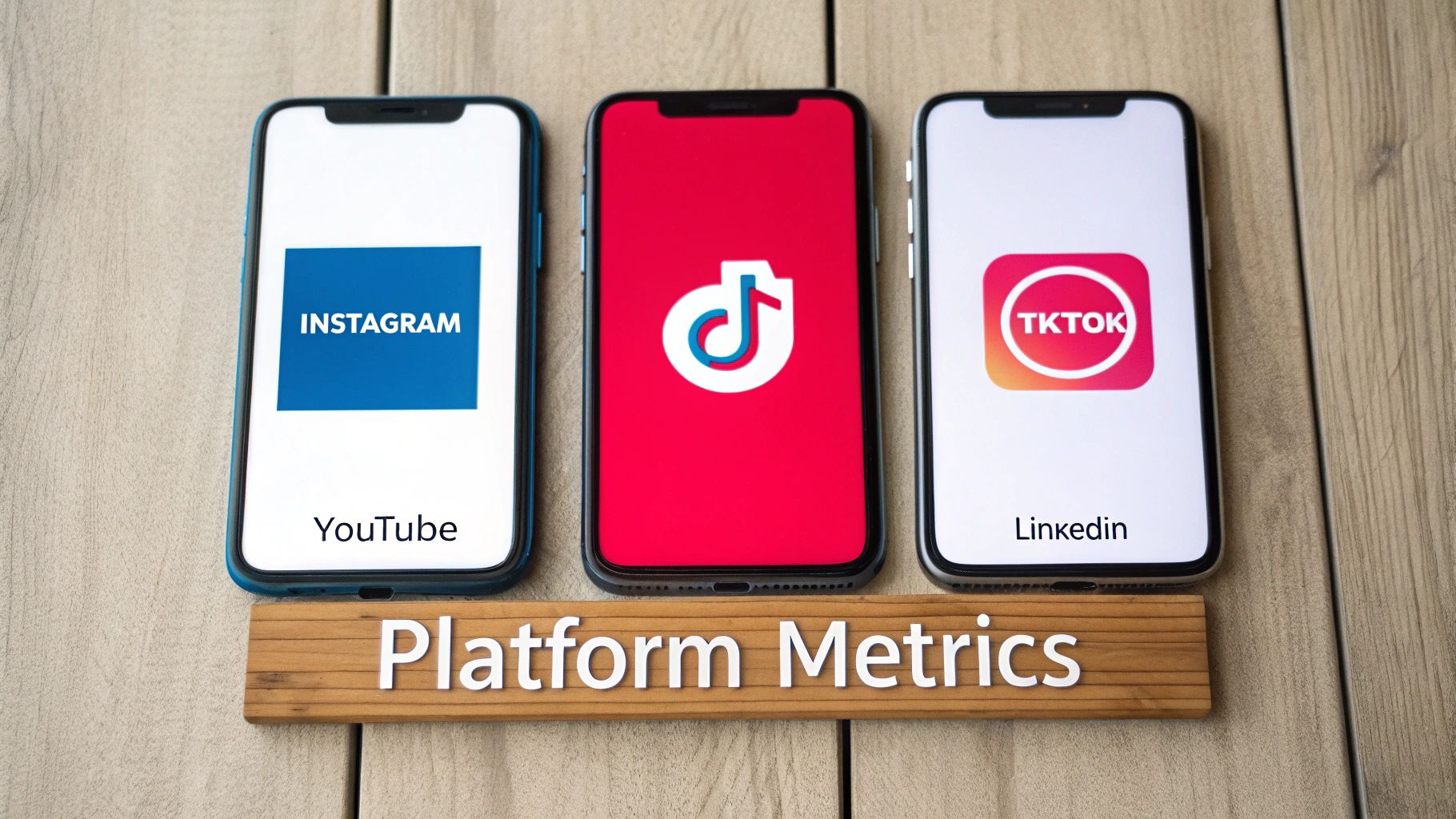 Three smartphones displaying Instagram, TikTok and LinkedIn apps with Platform Metrics text on wooden background