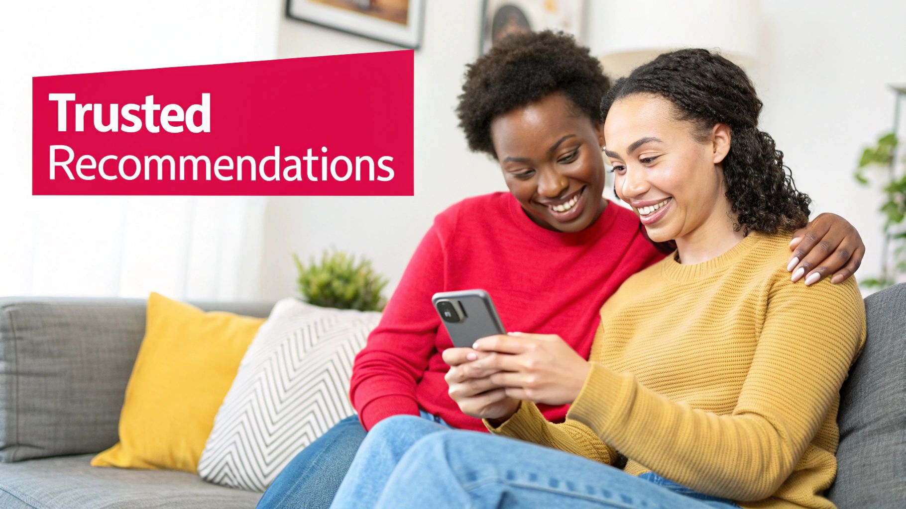 Two smiling women on a couch, looking at a phone, with a 'Trusted Recommendations' banner.
