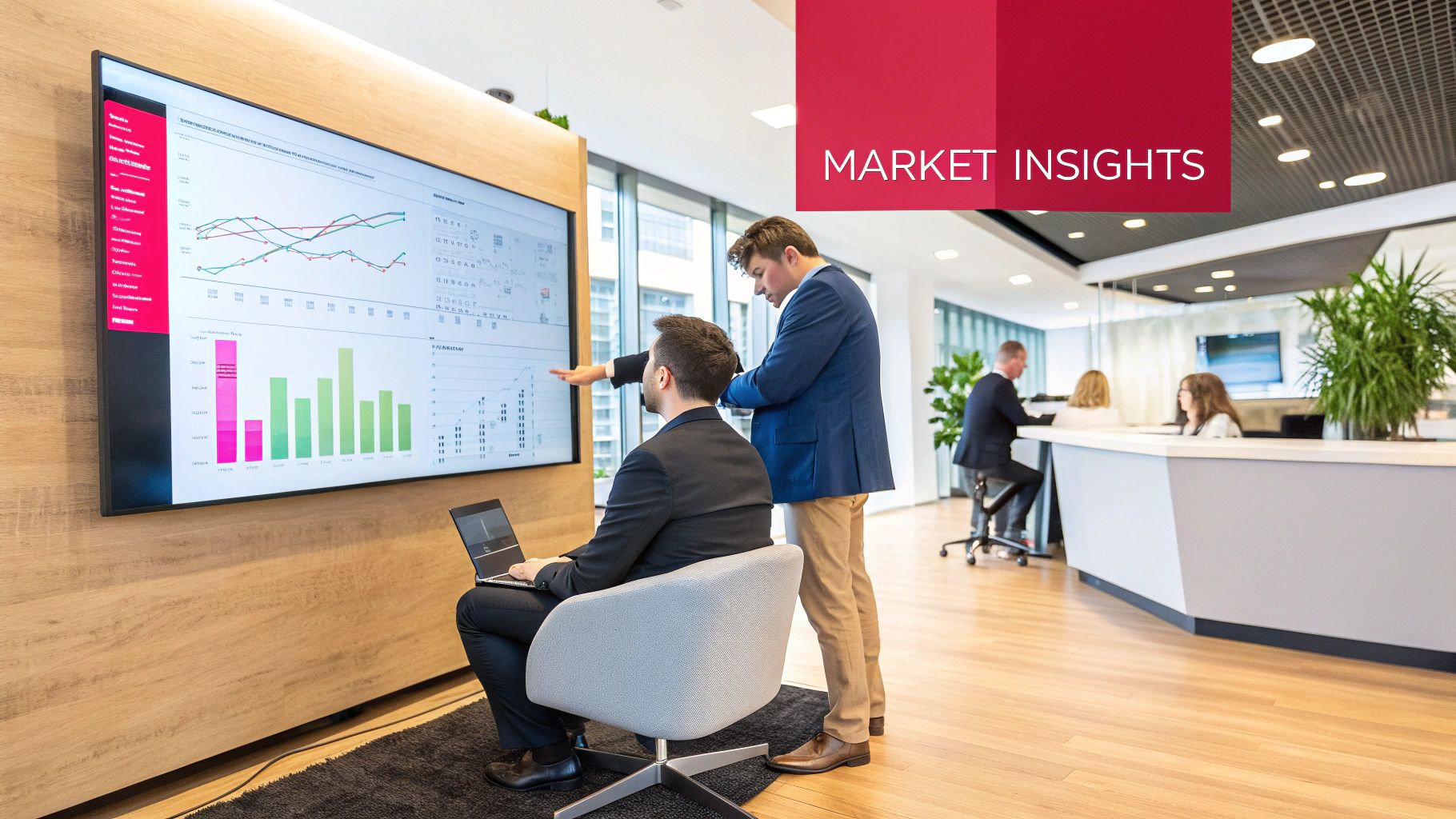 A team collaborating around a table, planning a product launch strategy with sticky notes and charts.