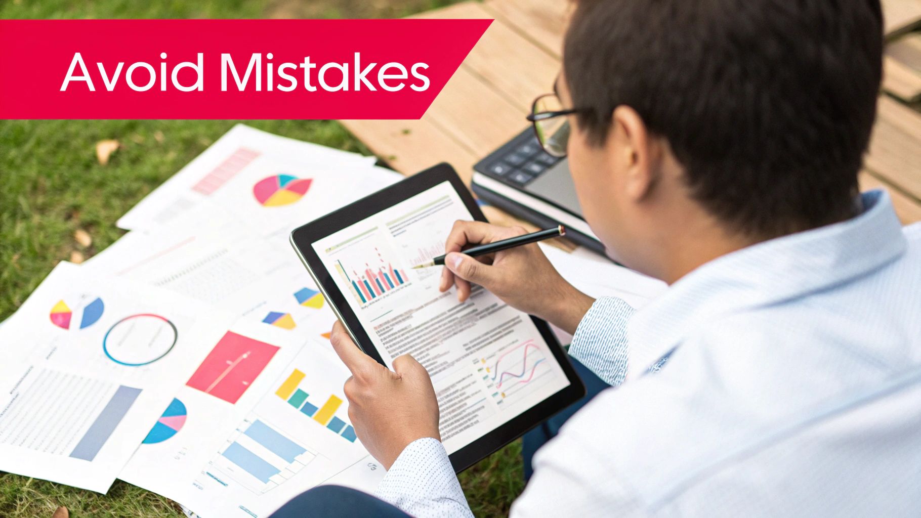 A person pointing at a complex chart on a computer screen, highlighting potential errors in data analysis.