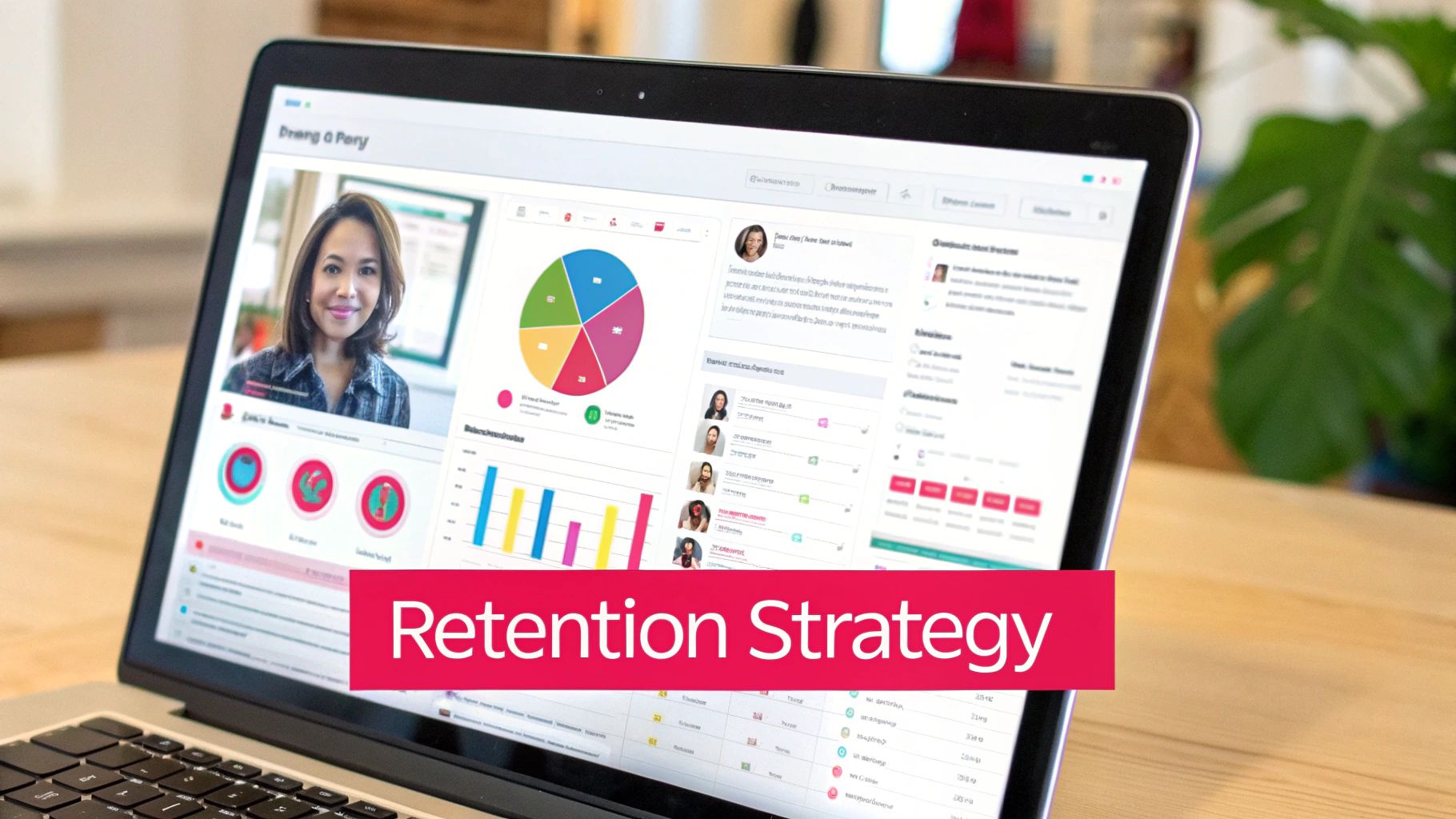 A person on a laptop analyzing customer data charts and graphs for a retention strategy.
