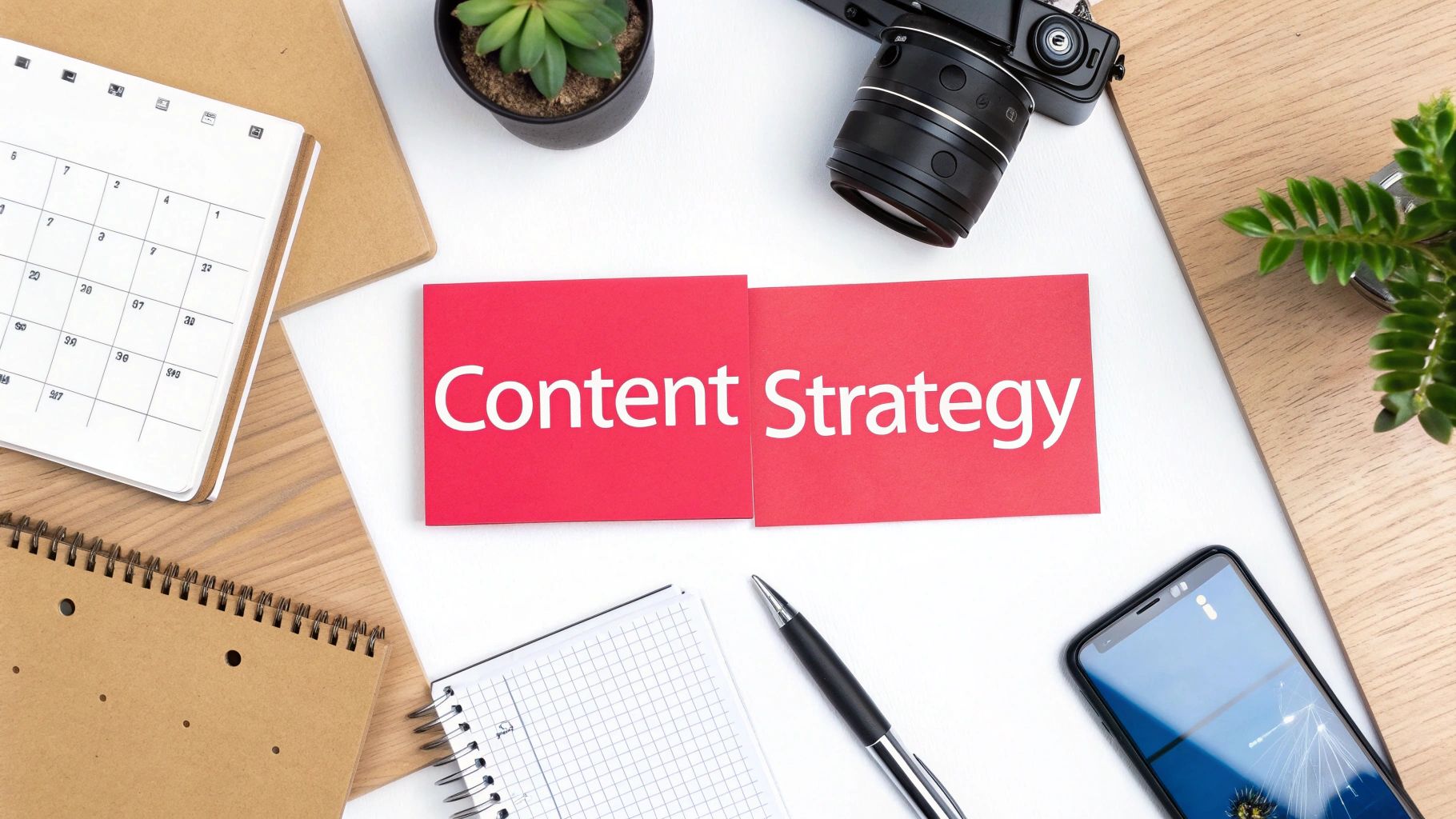 A top-down view of a desk with 'Content Strategy' cards, a calendar, camera, and planning essentials.