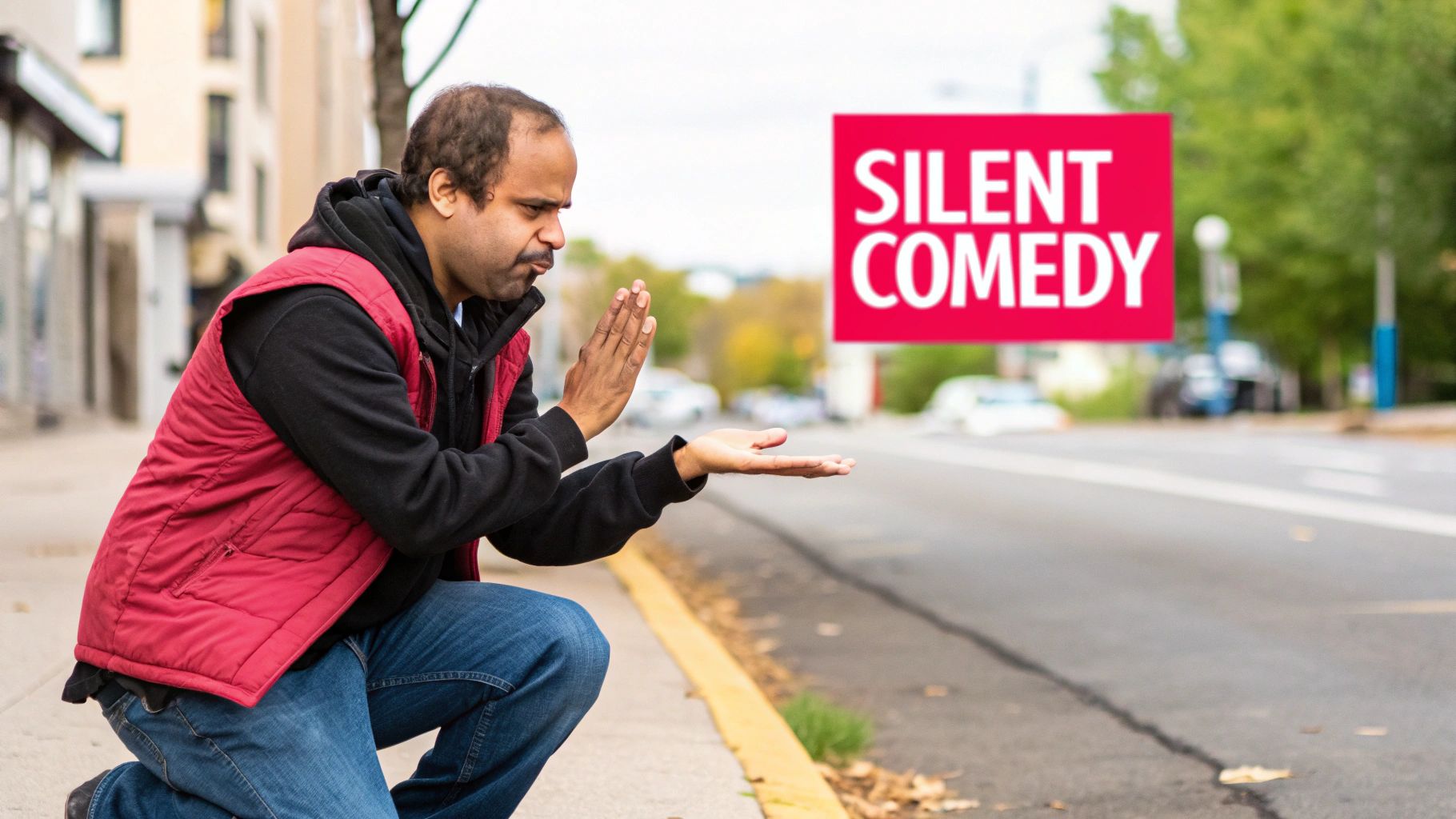 A man in a red vest kneels on a sidewalk, gesturing towards a 'SILENT COMEDY' sign.