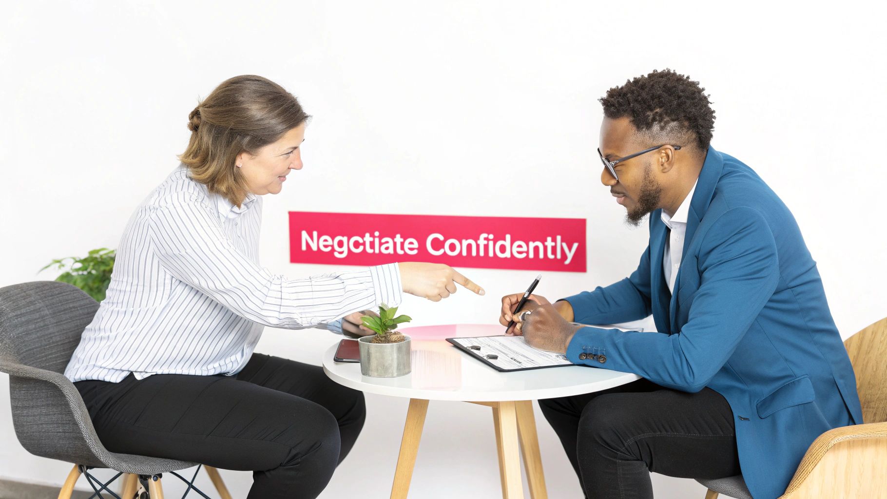 Two people, a creator and a brand manager, sitting across a table with a contract and coffee, having a positive negotiation.
