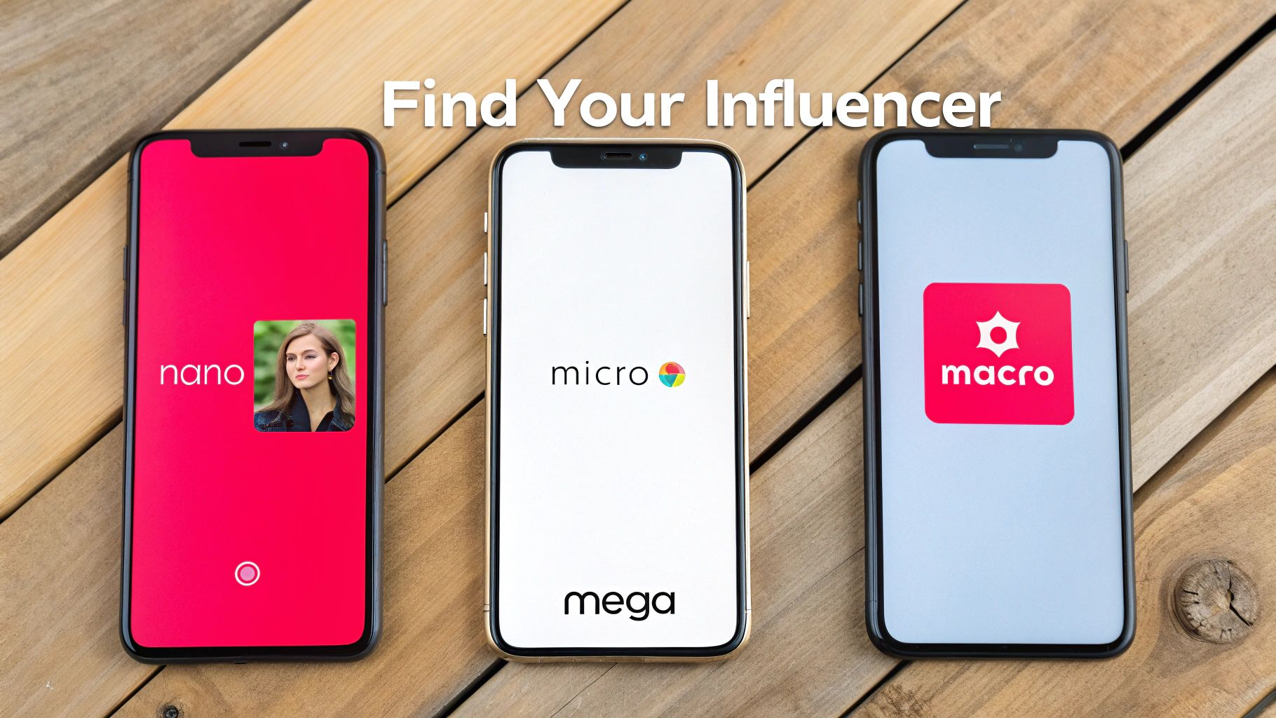 Three smartphones on a wooden table displaying 'nano', 'micro', 'mega', and 'macro' influencer categories, with text 'Find Your Influencer'.