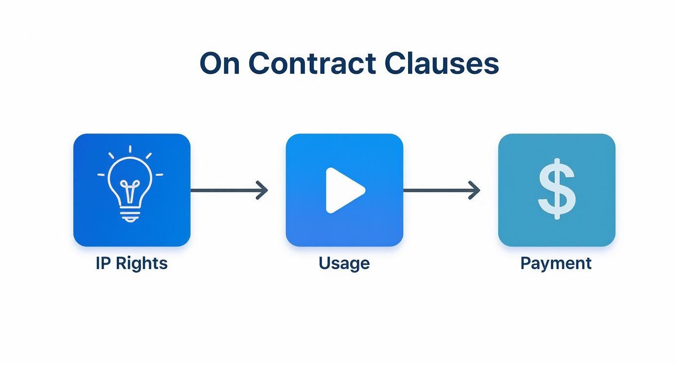 Infographic showing the process flow of customizing content creator contract clauses for IP rights, usage, and payment.