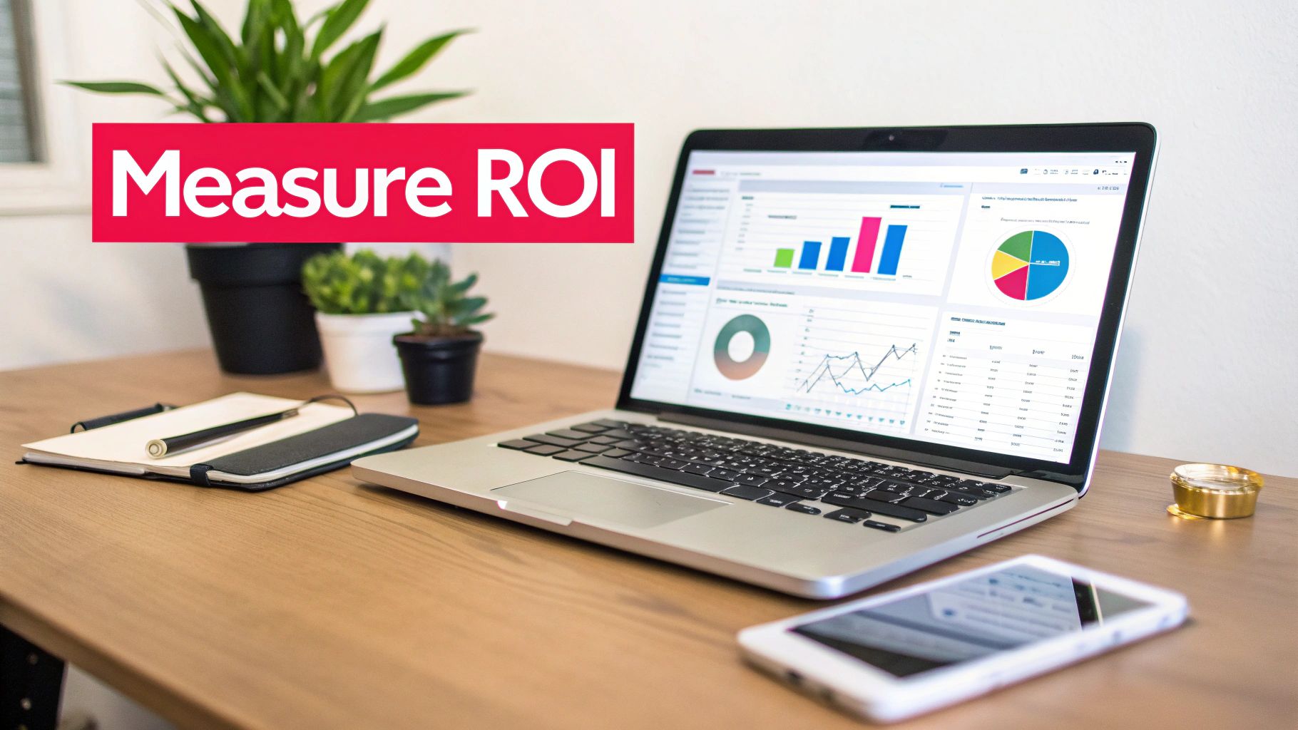 A laptop on a wooden desk displays data charts and graphs, with 'Measure ROI' text, a smartphone, and plants.