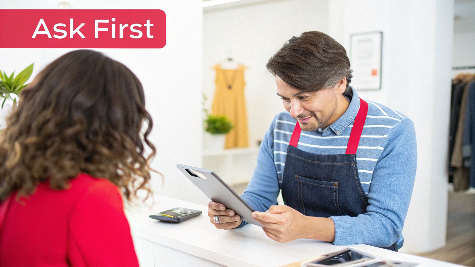 A smiling store employee in an apron assists a customer with a tablet at a retail counter.