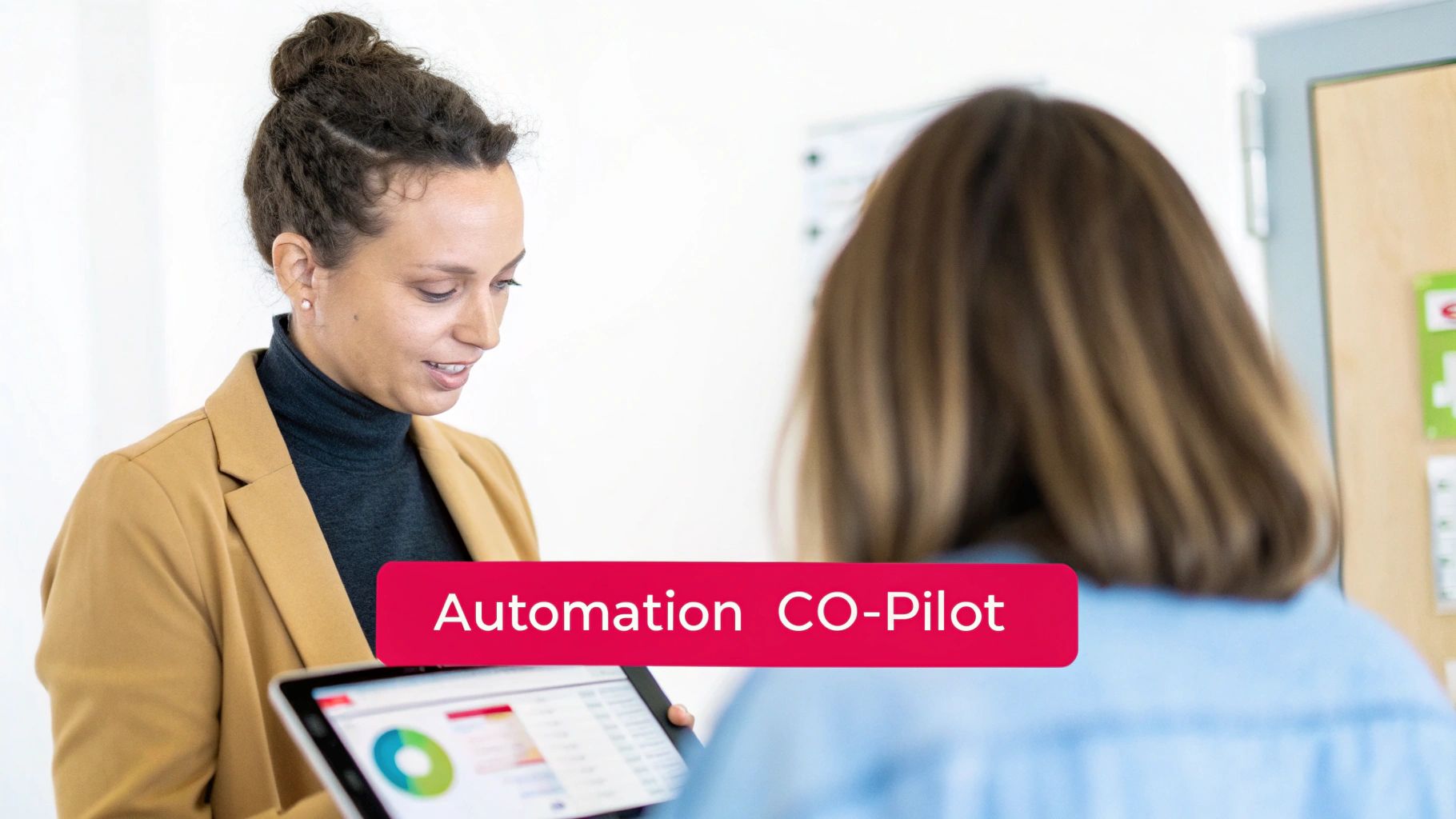 A professional woman in a tan blazer shows a tablet with data charts to a colleague in an office setting.