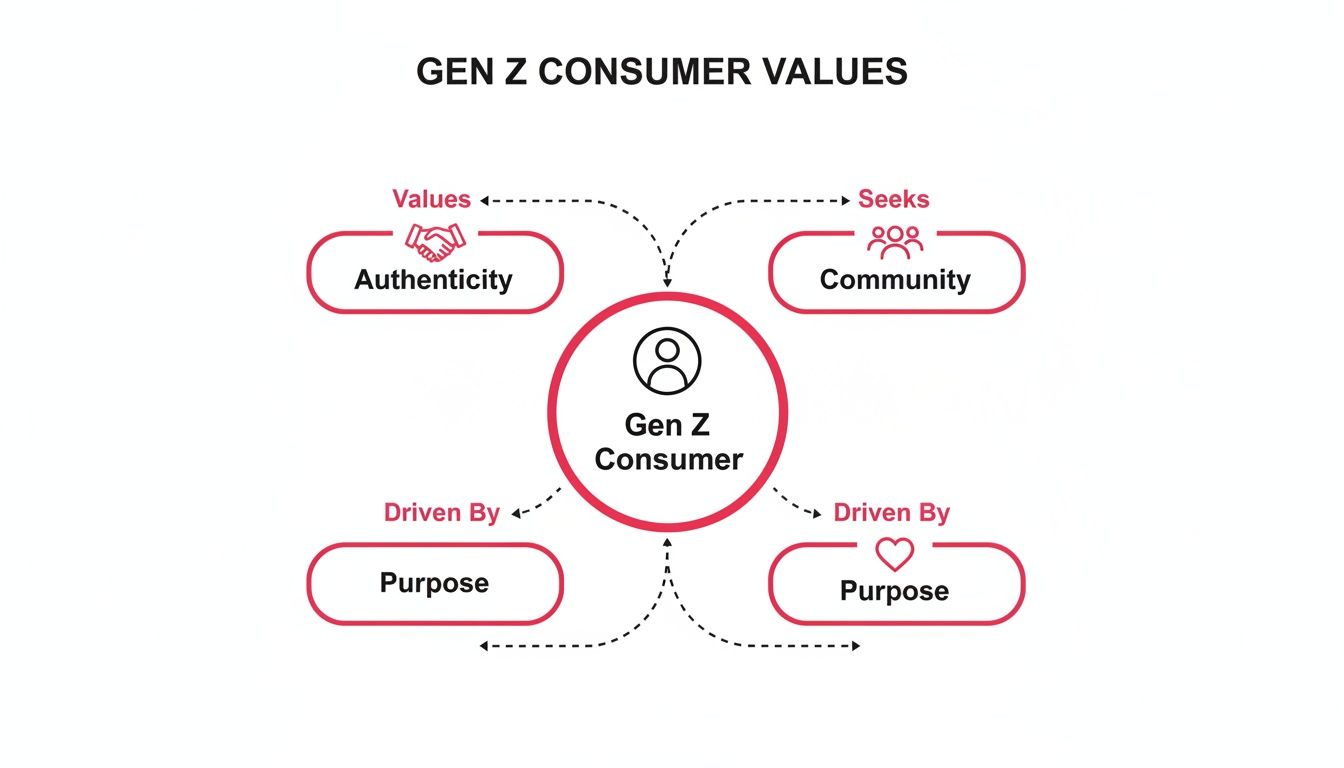 A diagram outlining Gen Z consumer values, highlighting authenticity, community, and purpose.