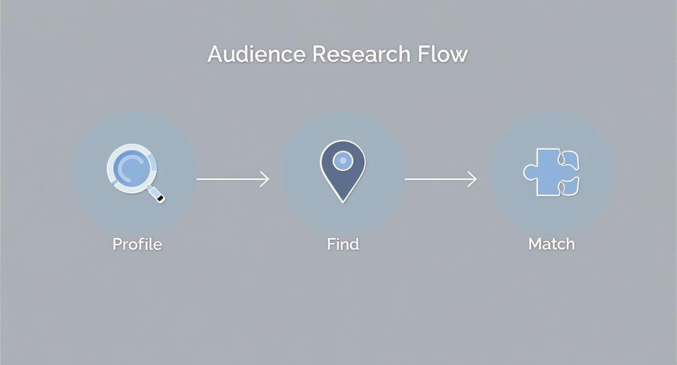 Infographic illustrating a three-step process for audience and creator research, showing icons for profiling, finding, and matching.
