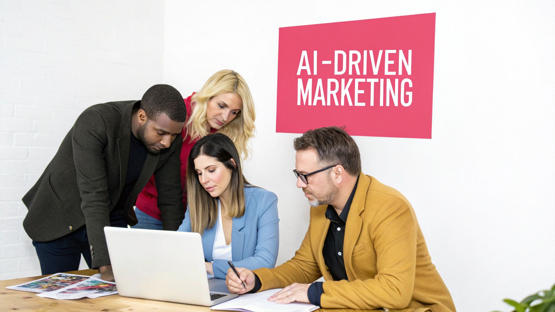 A person sitting at a desk with a laptop, with digital icons representing content and AI floating around them.