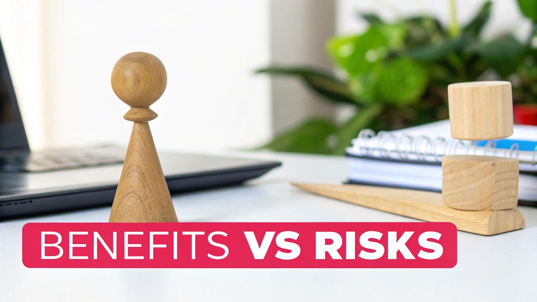A desk with a laptop, plant, and wooden pieces balancing 'Benefits vs Risks' on a red banner.